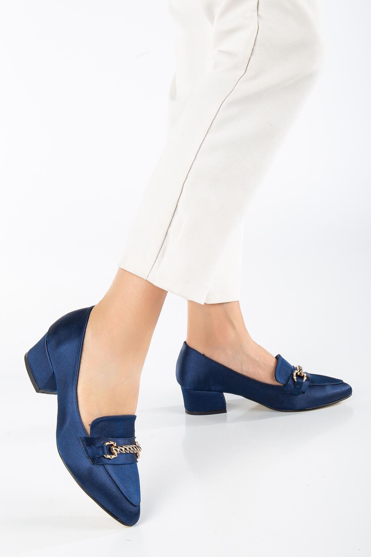 Women's Low Heeled Shoes Navy Blue Suede with Skin Buckle Detail - STREETMODE™