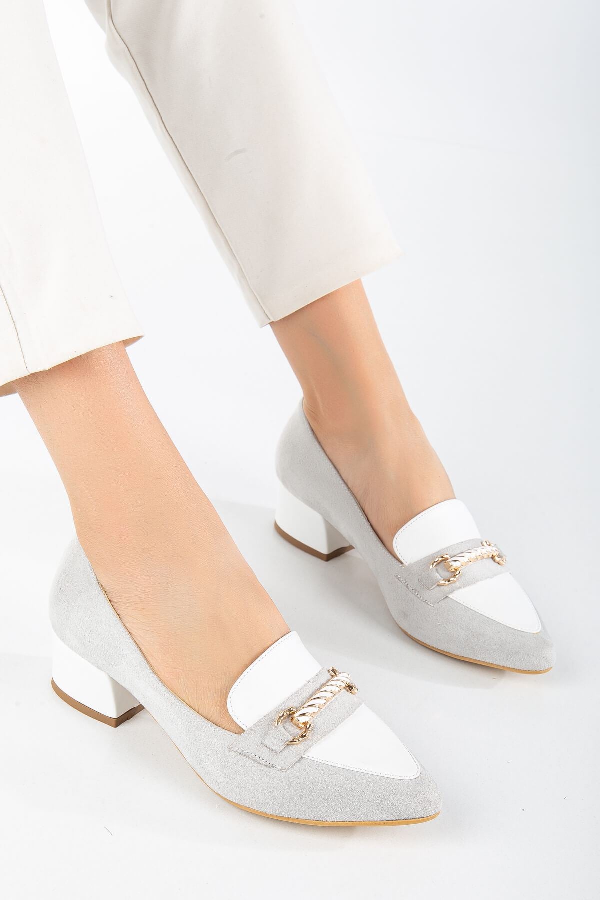 Women's Low Heeled Shoes White Suede with Skin Buckle Detail - STREETMODE™