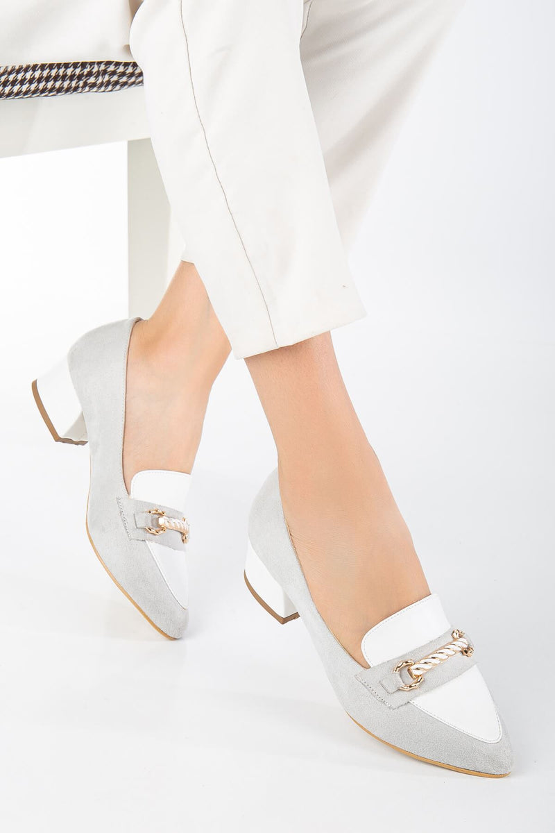 Women's Low Heeled Shoes White Suede with Skin Buckle Detail - STREETMODE™
