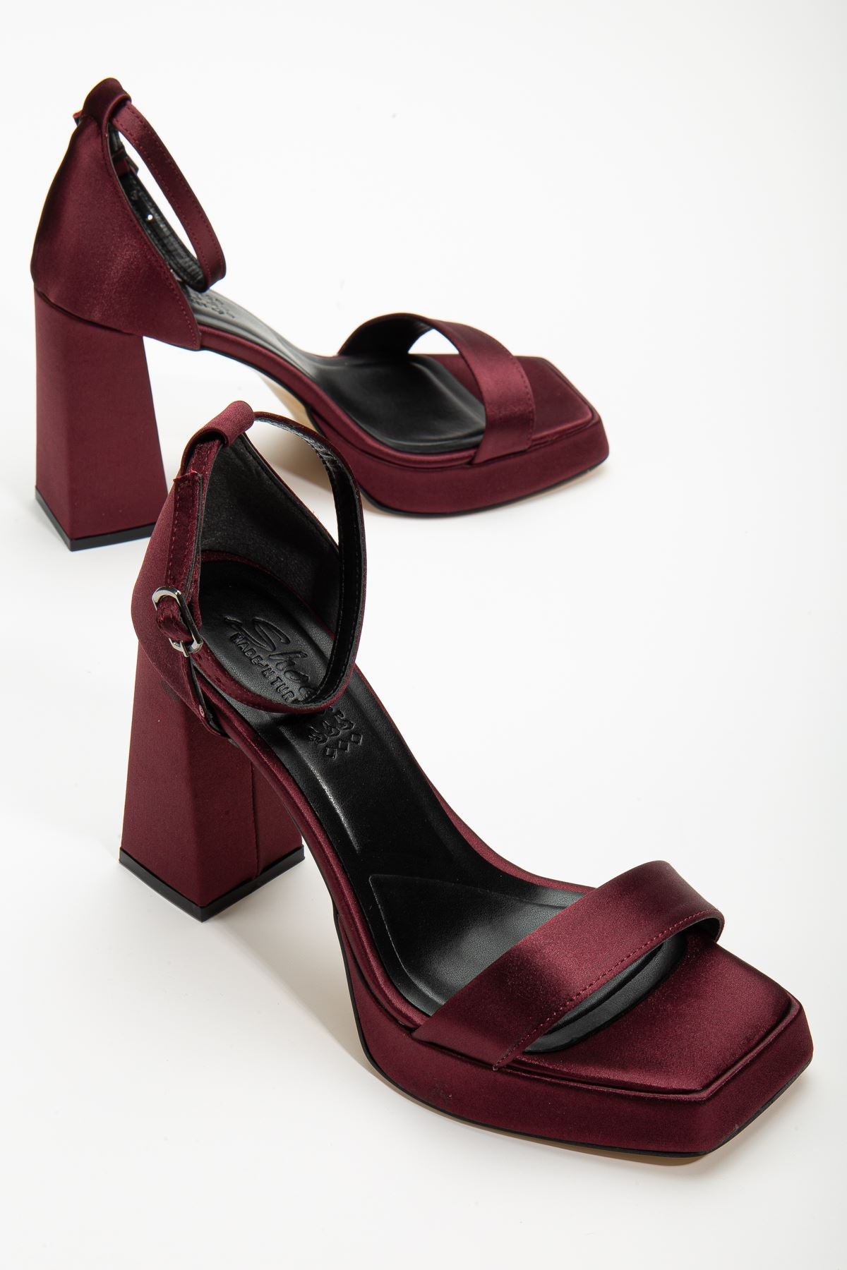 Women's Matilda Burgundy Satin Platform Open Toe Thick Heeled Shoes - STREETMODE™