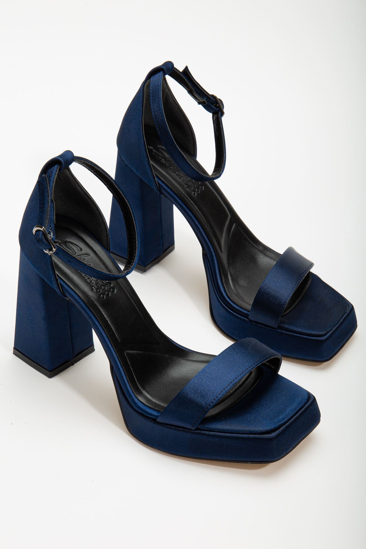 Women's Matilda Navy Blue Satin Platform Open Toe Thick Heeled Shoes - STREETMODE™