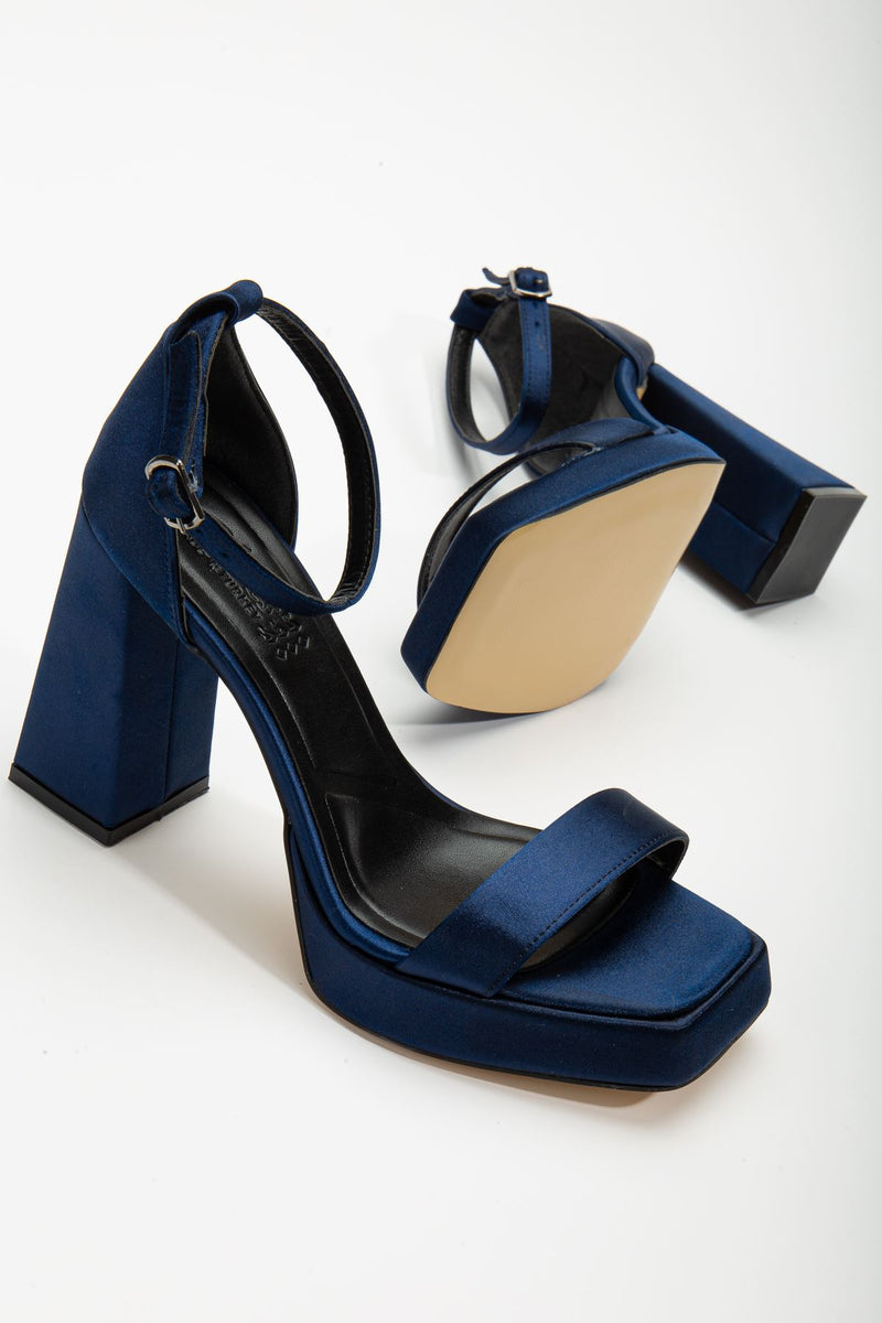 Women's Matilda Navy Blue Satin Platform Open Toe Thick Heeled Shoes - STREETMODE™