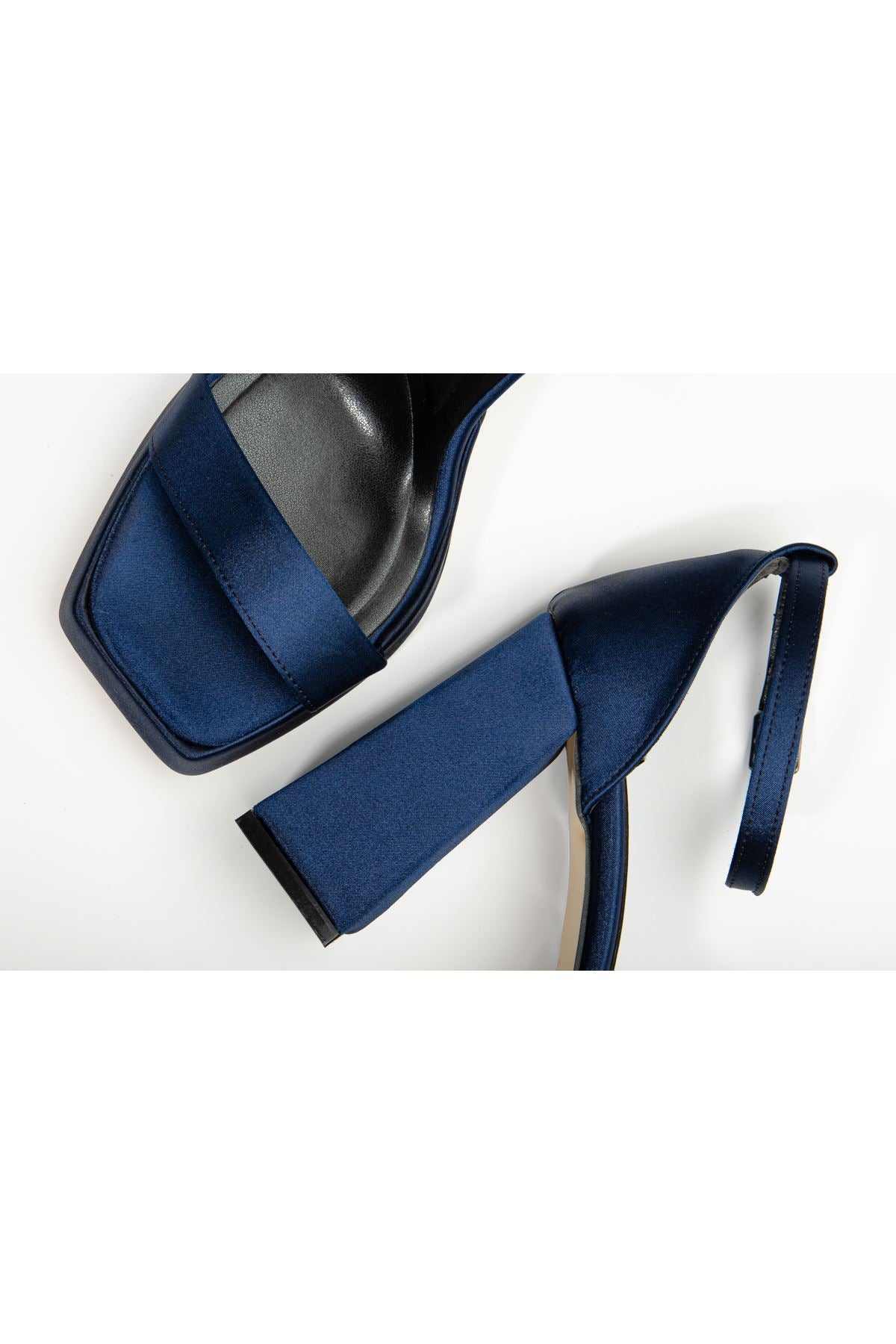 Women's Matilda Navy Blue Satin Platform Open Toe Thick Heeled Shoes - STREETMODE™