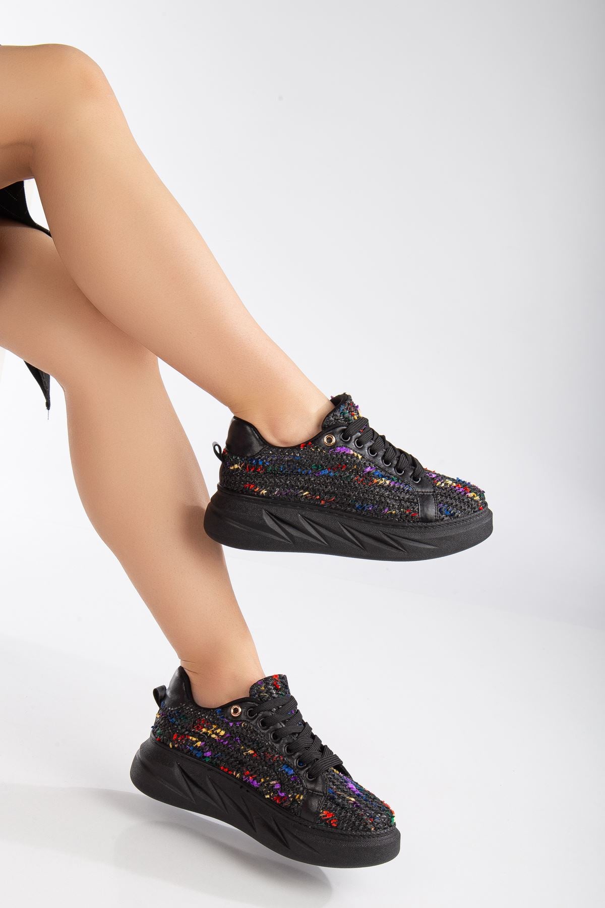 Women's Mavis Black - Colorful Thick Sole Straw Detailed Sneakers - STREETMODE™