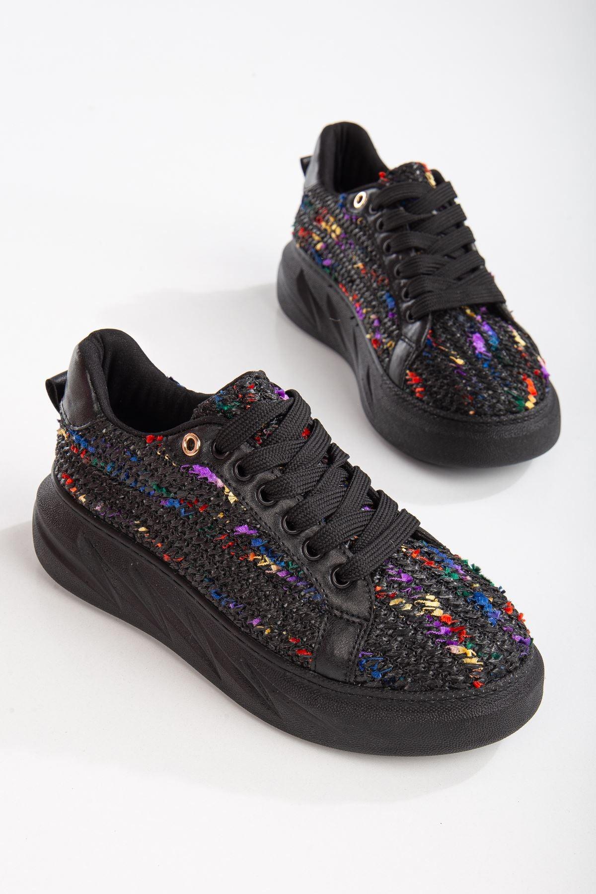 Women's Mavis Black - Colorful Thick Sole Straw Detailed Sneakers - STREETMODE™