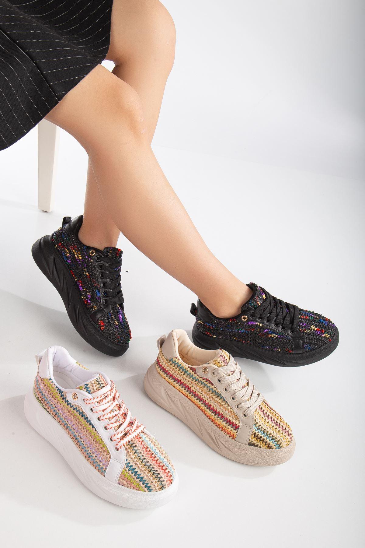 Women's Mavis Black - Colorful Thick Sole Straw Detailed Sneakers - STREETMODE™