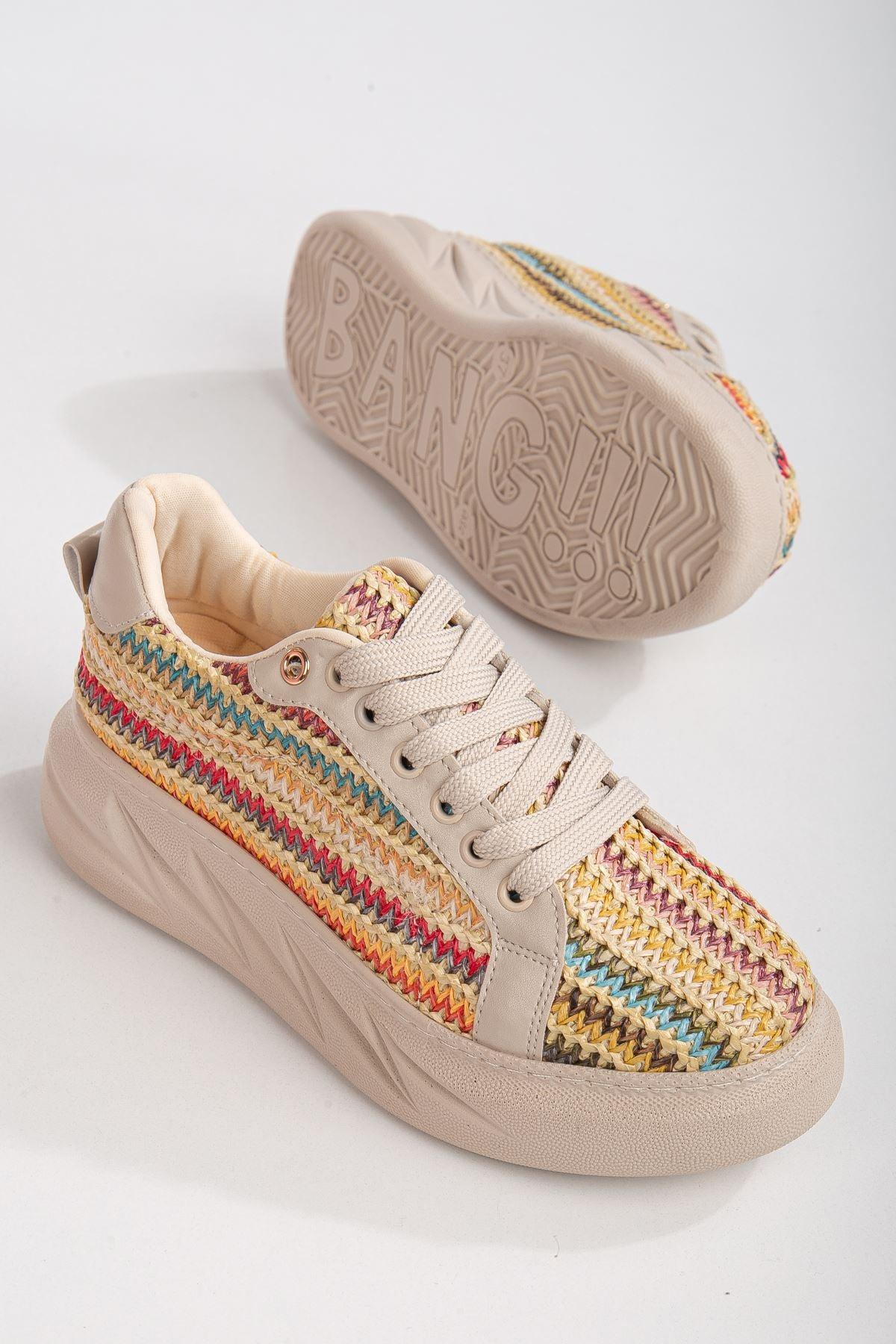 Women's Mavis Cream - Colored Thick Sole Straw Detailed Sneakers - STREETMODE™