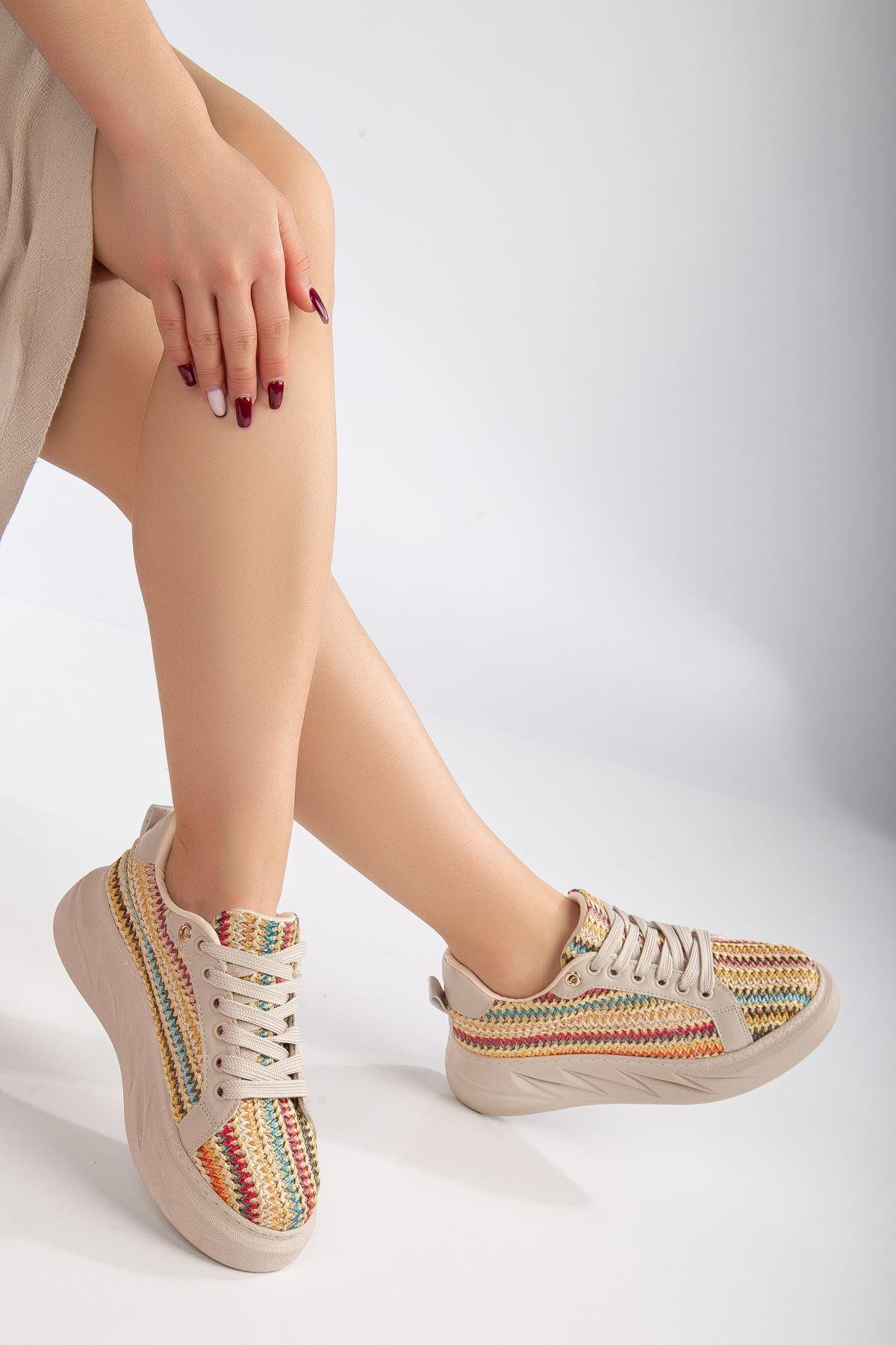 Women's Mavis Cream - Colored Thick Sole Straw Detailed Sneakers - STREETMODE™