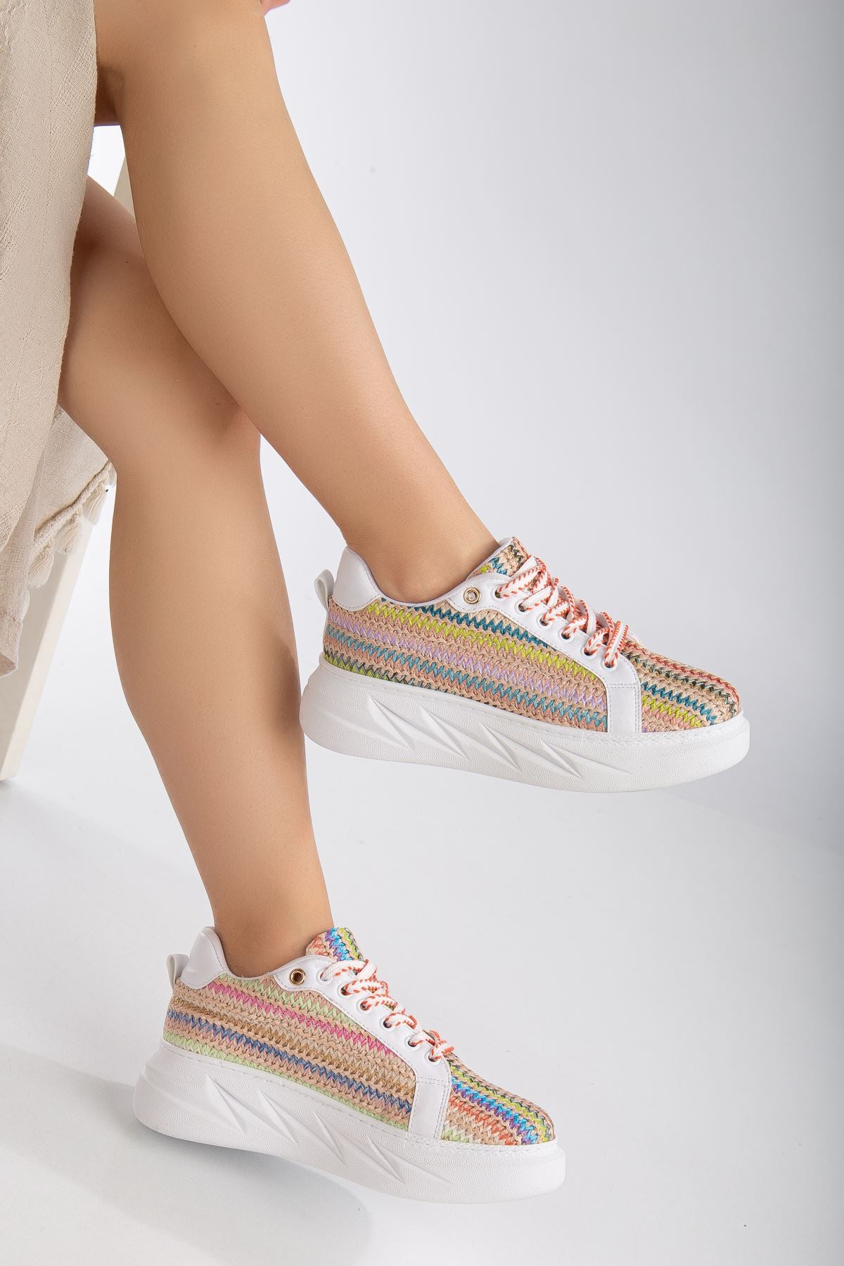 Women's Mavis White - Colorful Thick Sole Straw Detailed Sneakers - STREETMODE™