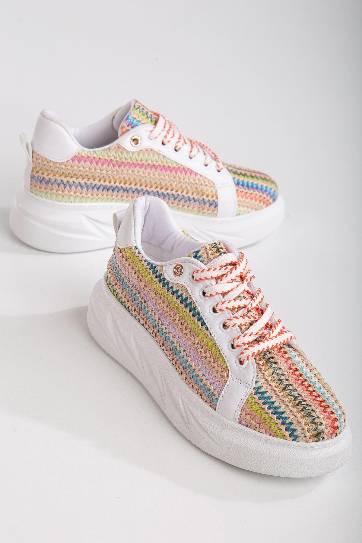 Women's Mavis White - Colorful Thick Sole Straw Detailed Sneakers - STREETMODE™