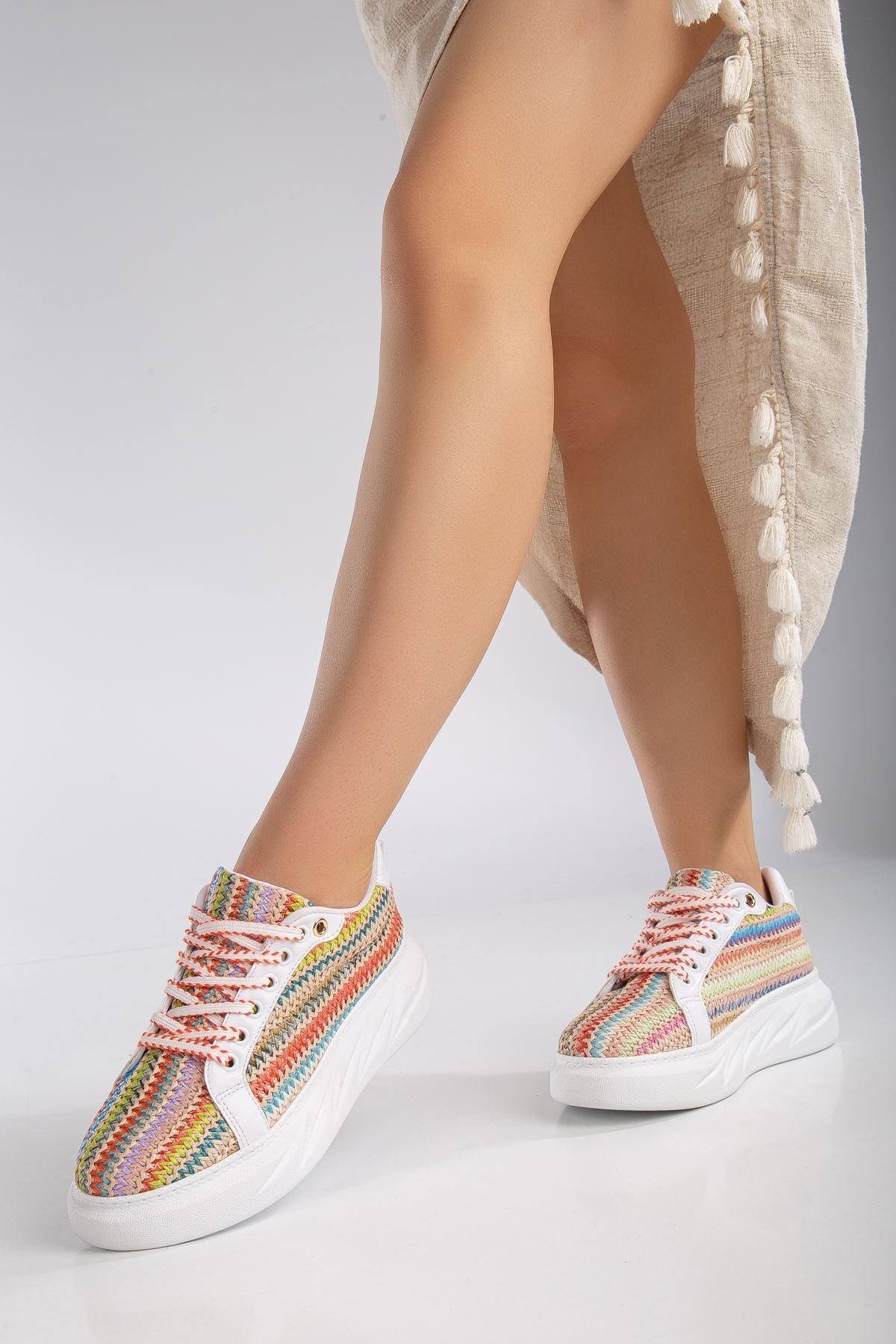 Women's Mavis White - Colorful Thick Sole Straw Detailed Sneakers - STREETMODE™