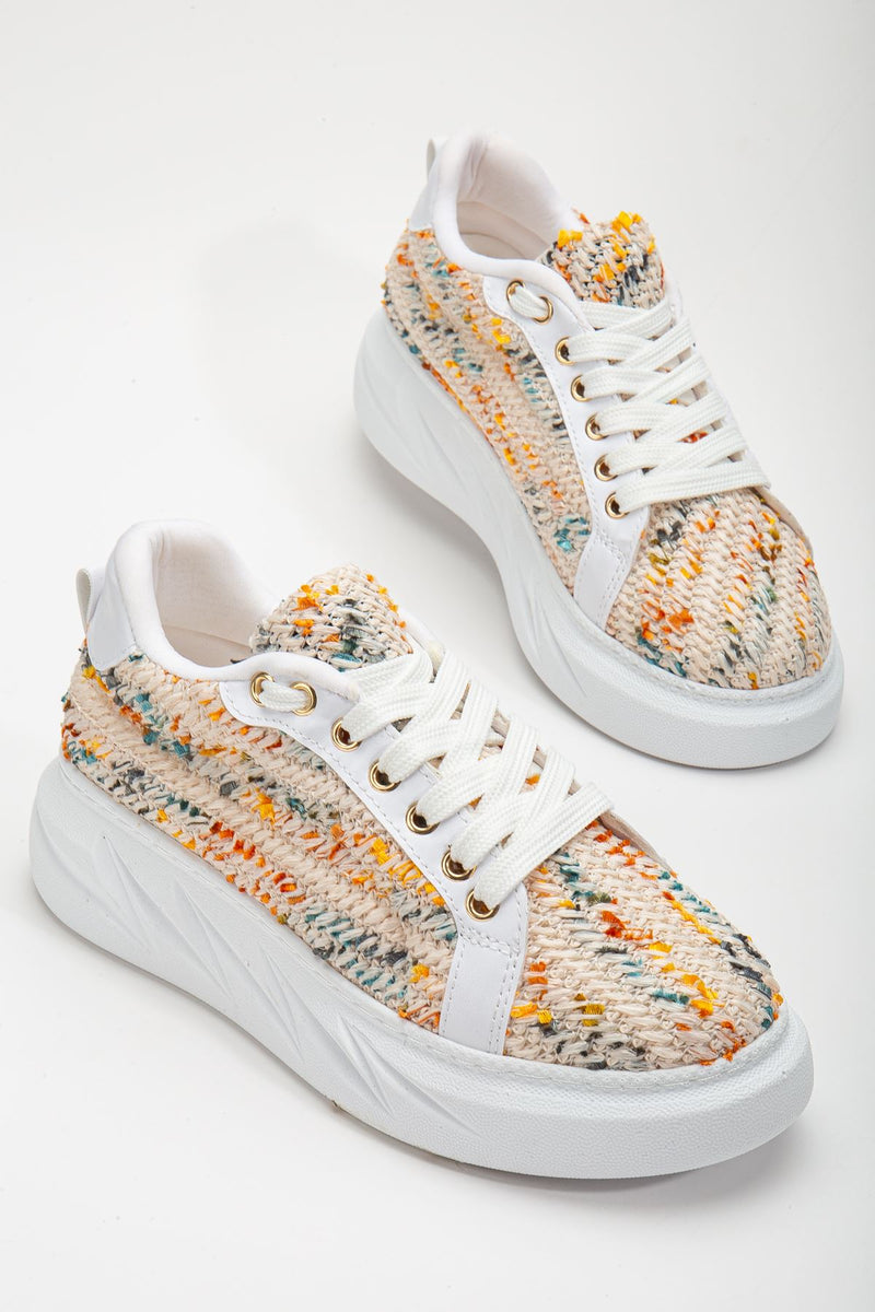 Women's Mavis White Thick Sole Straw Detailed Sneakers - STREETMODE™