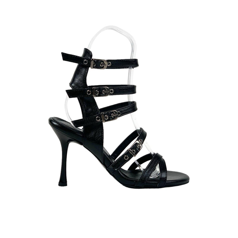 Women's Merya Black High Thin Heel Gladiator Heels Shoes 10 CM Heel - STREETMODE™