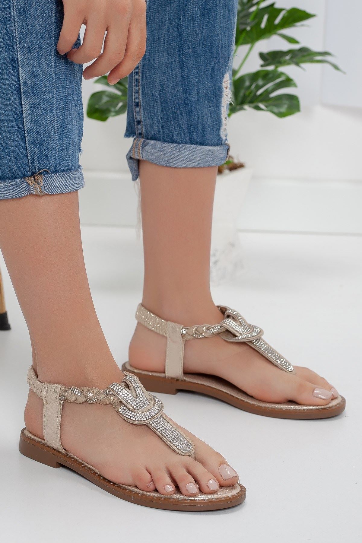 Women's Minna Stone Flip-Flops Gold Sandals - STREETMODE™