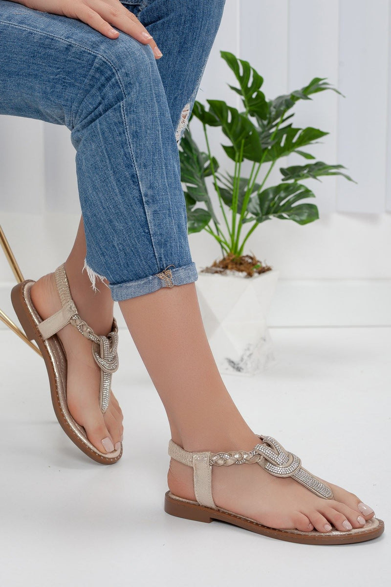 Women's Minna Stone Flip-Flops Gold Sandals - STREETMODE™