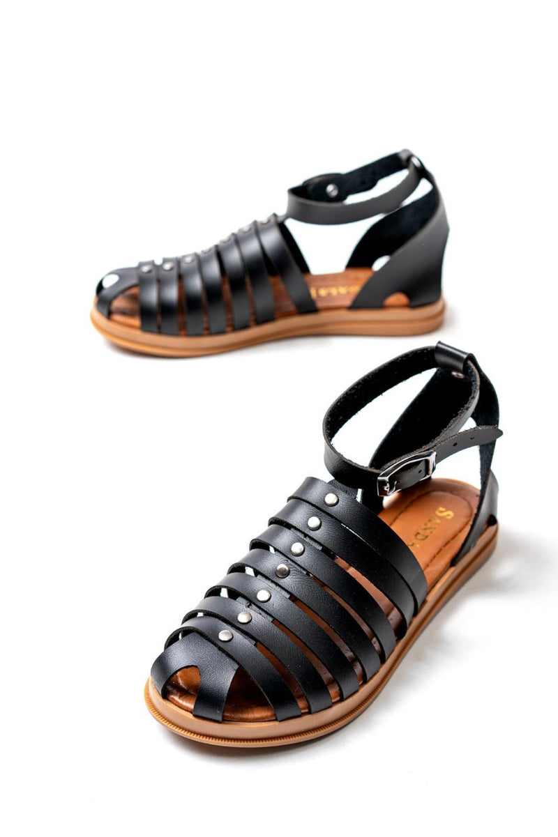 Women's Motali Black Leather Sandals - STREETMODE™