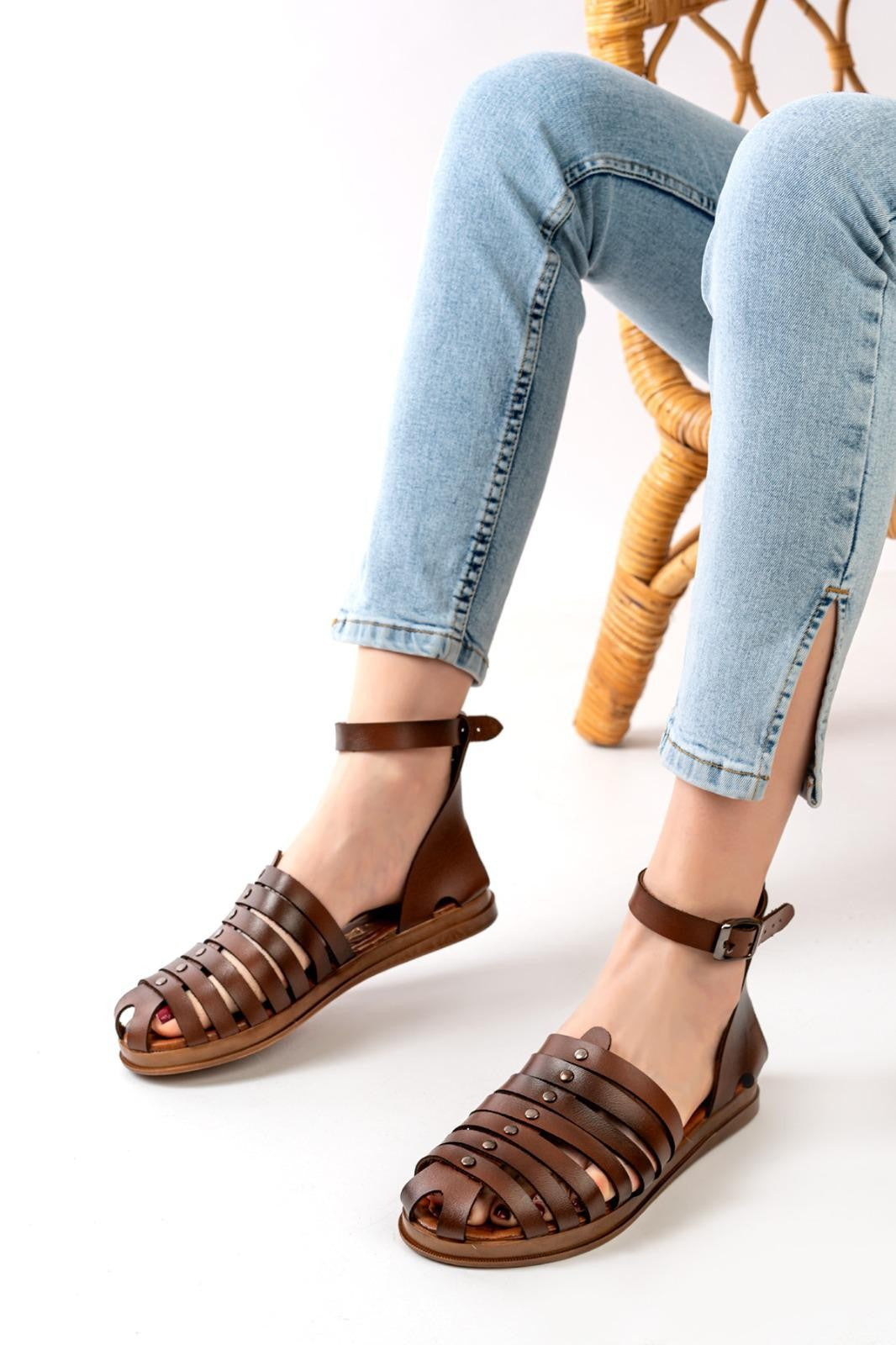 Women's Motali Brown Leather Sandals - STREETMODE™