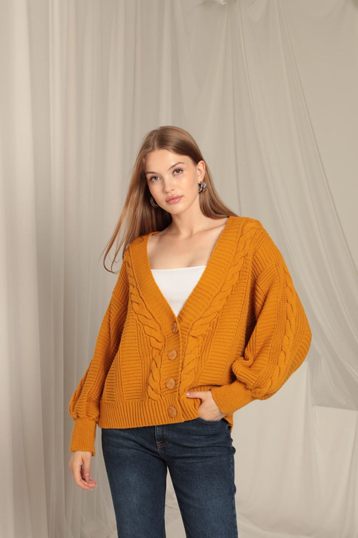 Women's Mustard Cardigan with Knitwear Fabric Knit Detail - STREETMODE™