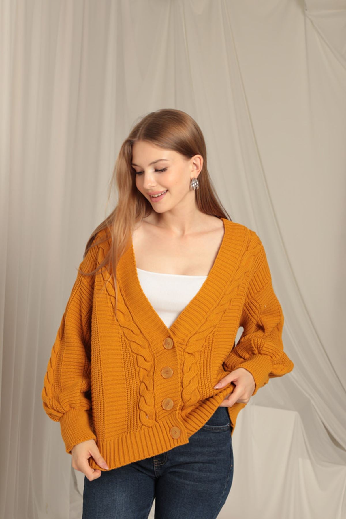 Women's Mustard Cardigan with Knitwear Fabric Knit Detail - STREETMODE™