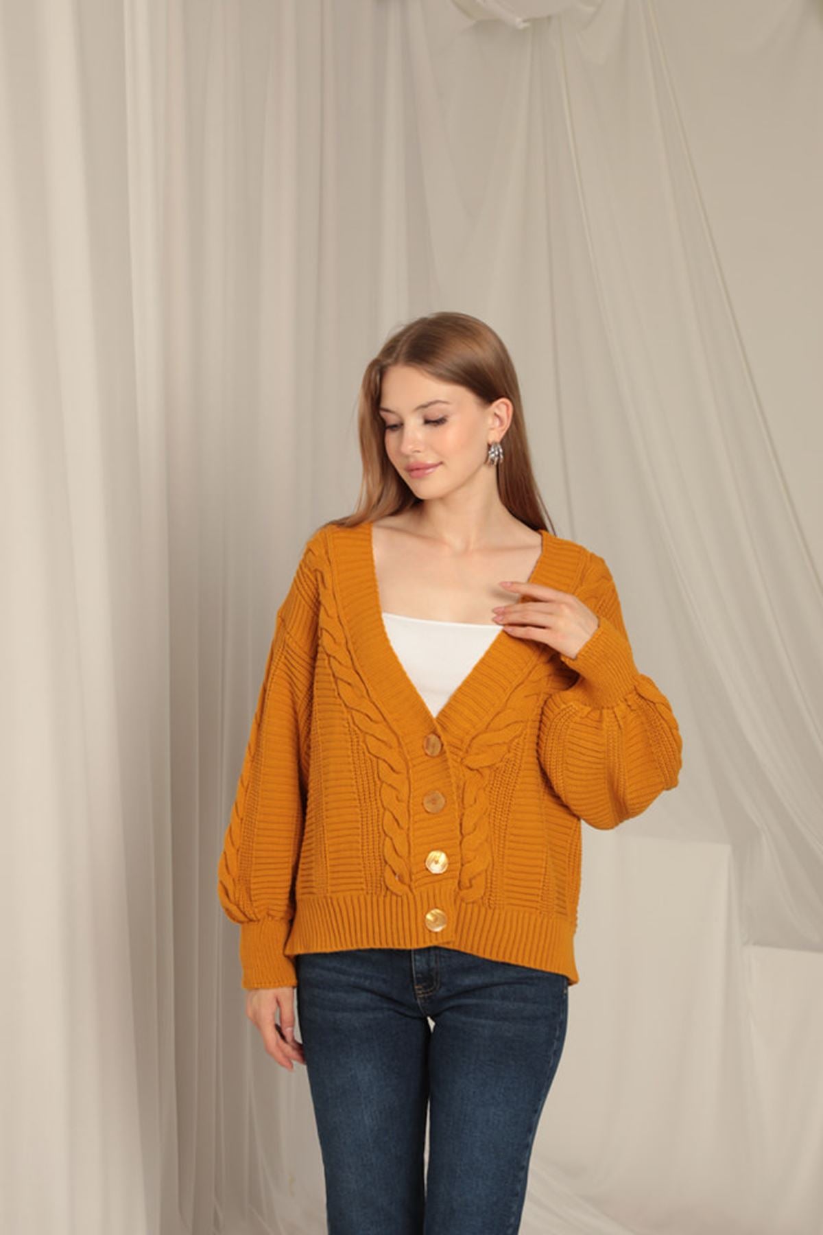 Women's Mustard Cardigan with Knitwear Fabric Knit Detail - STREETMODE™