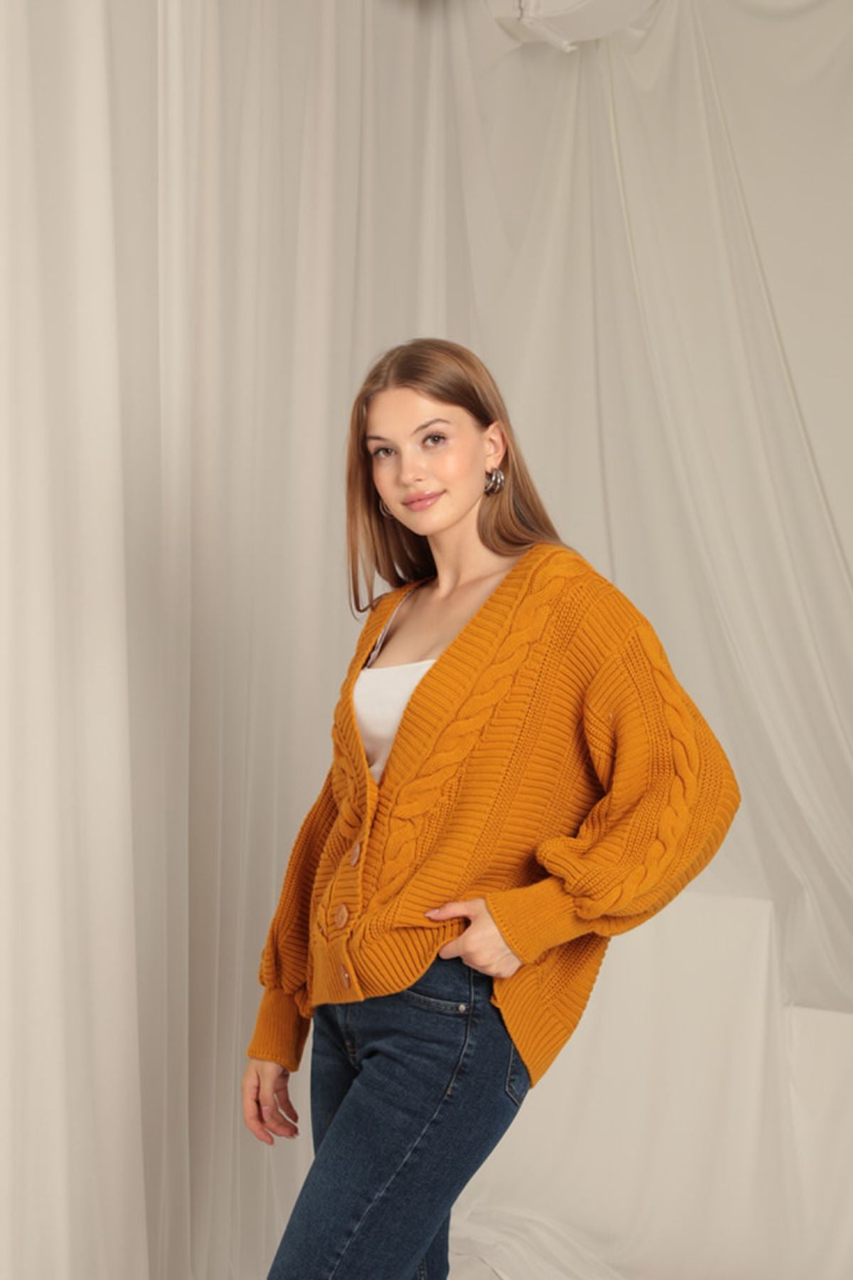 Women's Mustard Cardigan with Knitwear Fabric Knit Detail - STREETMODE™