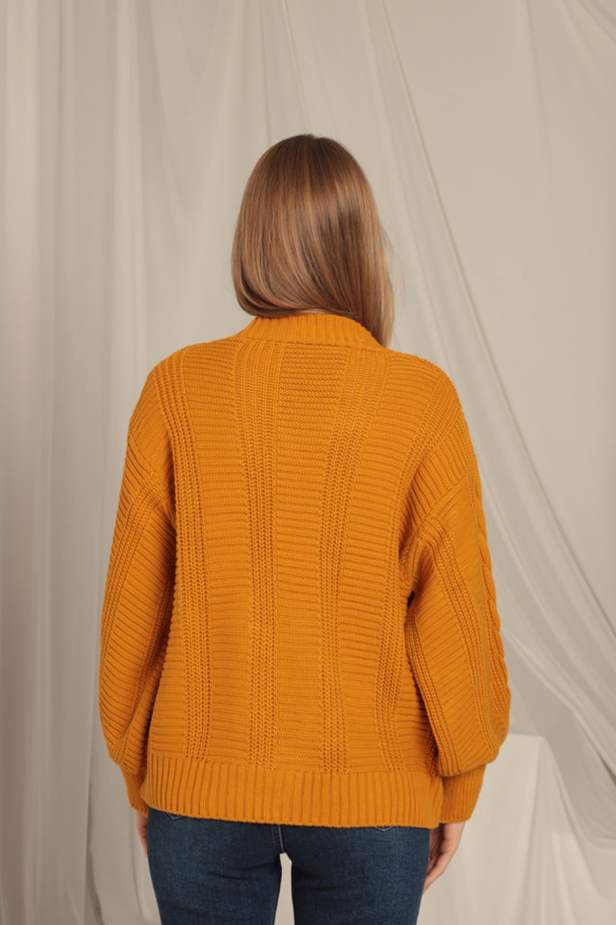 Women's Mustard Cardigan with Knitwear Fabric Knit Detail - STREETMODE™