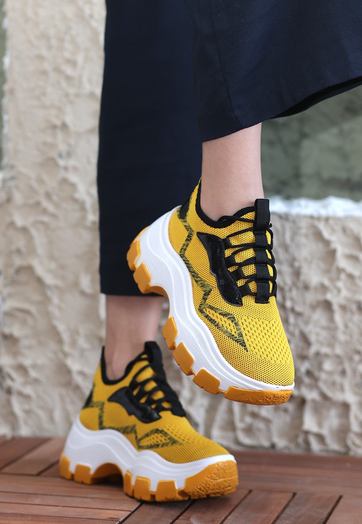 Women's Mustard Knitwear Lace-Up Sports Shoes - STREETMODE™