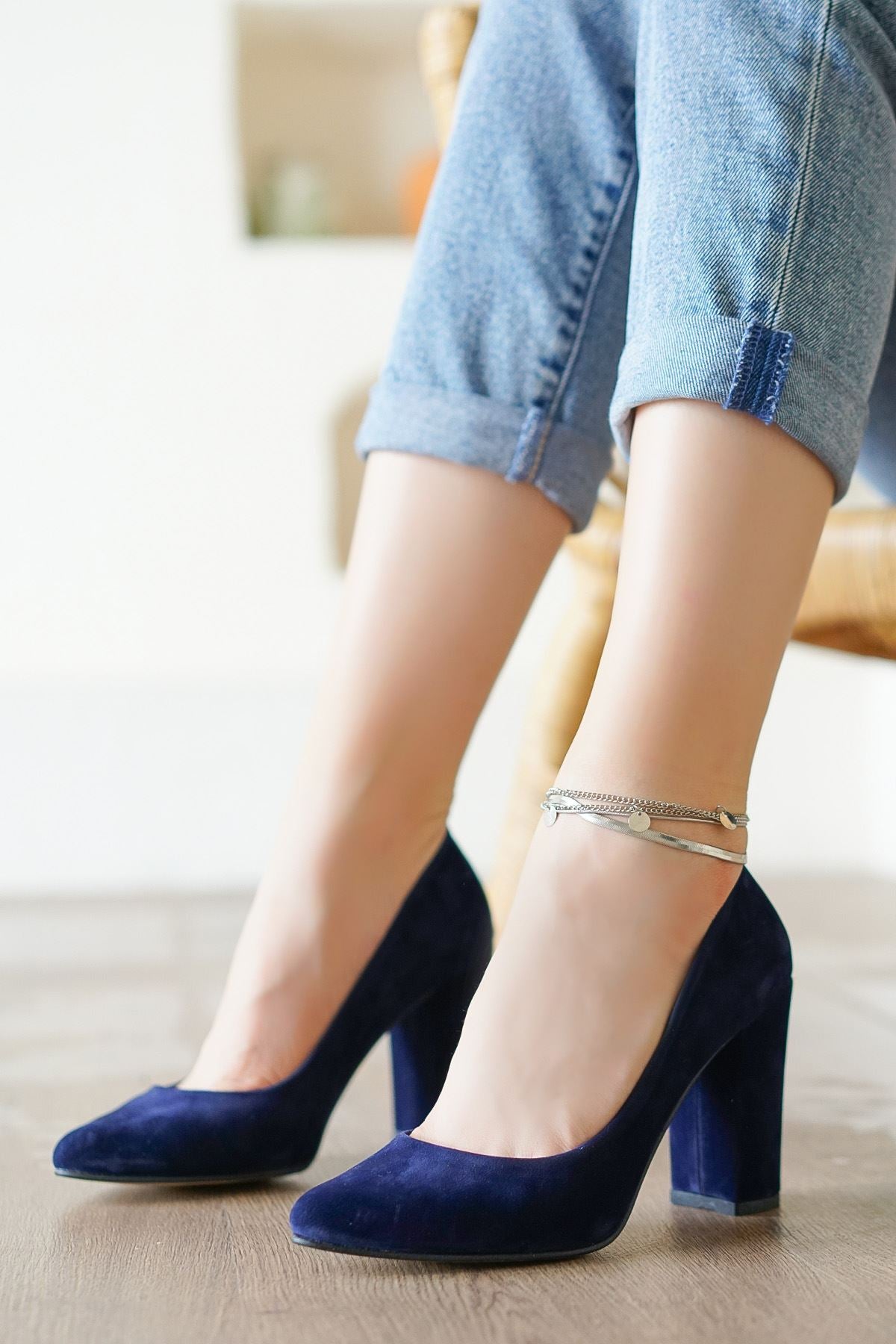 Women's Navy Blue Velvet Heeled Shoes - STREETMODE™