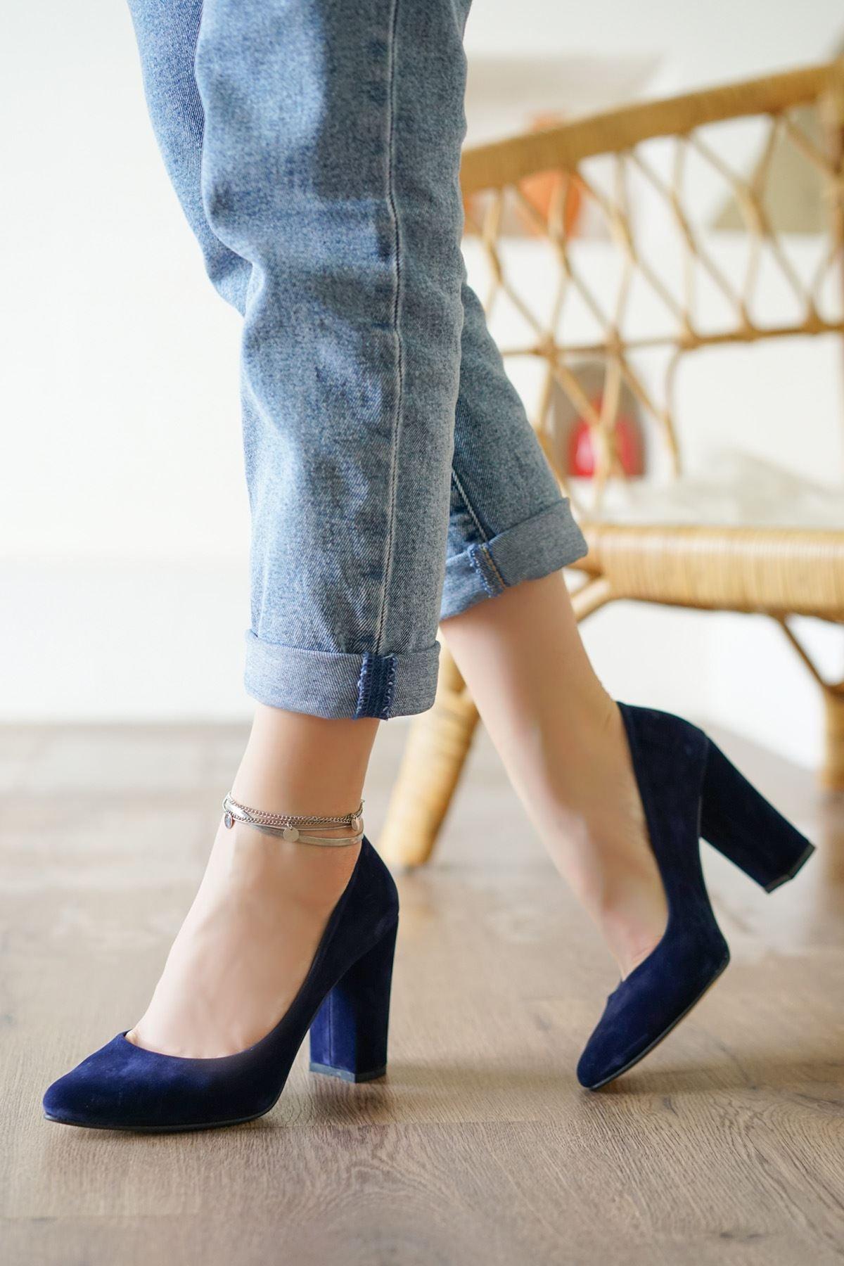 Women's Navy Blue Velvet Heeled Shoes - STREETMODE™