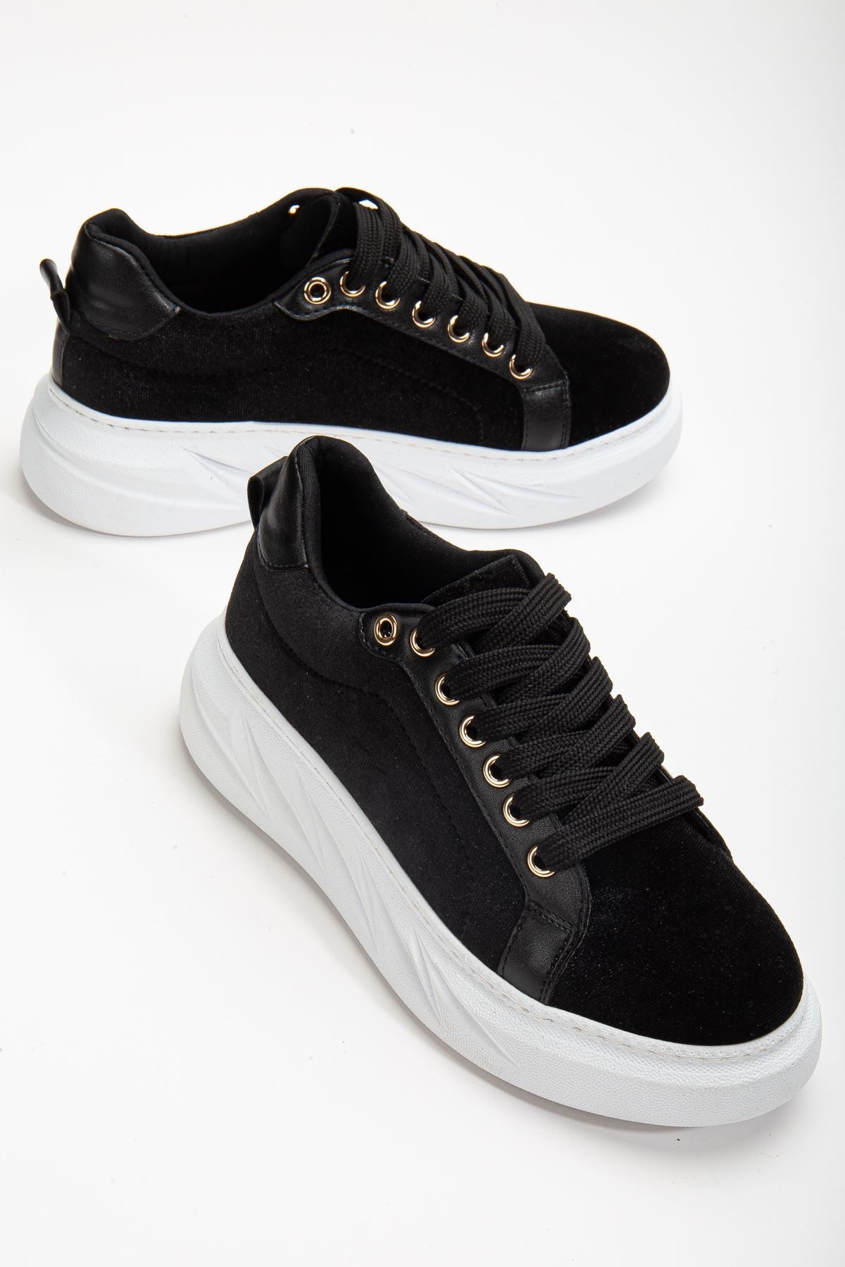 Women's Nerina Black Velvet Thick Sole Gold Detailed Sneakers - STREETMODE™