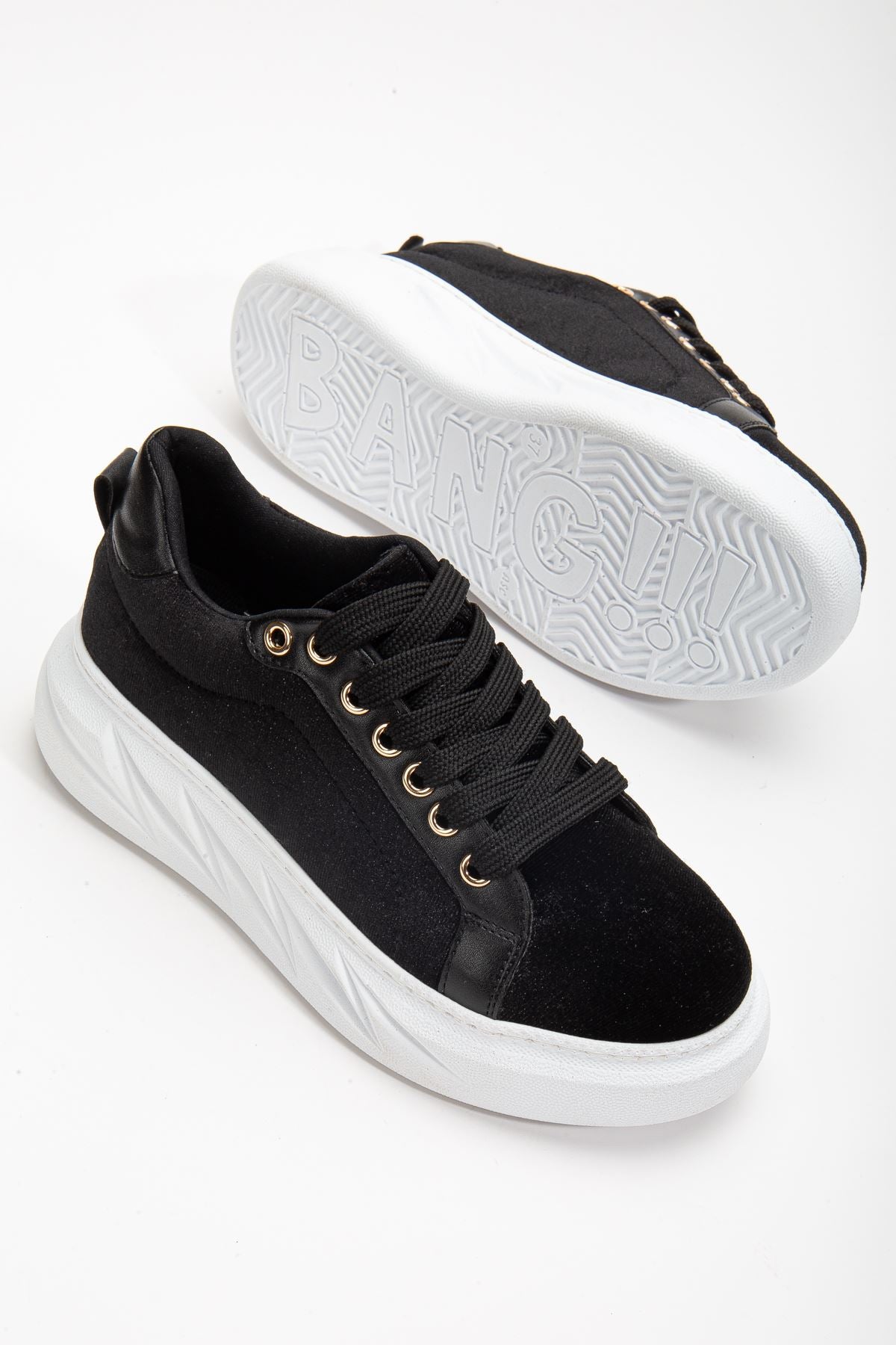 Women's Nerina Black Velvet Thick Sole Gold Detailed Sneakers - STREETMODE™