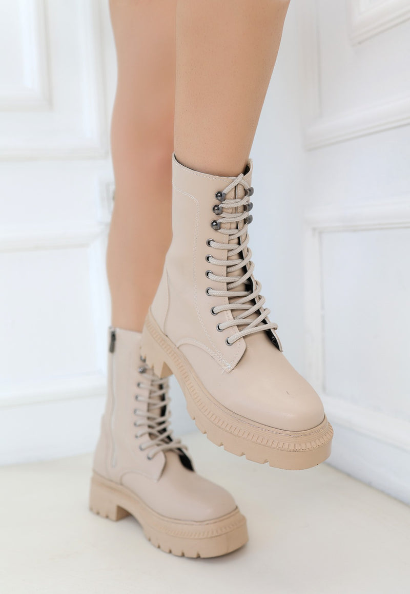 Women's Nude Leather Laced Boots - STREETMODE™