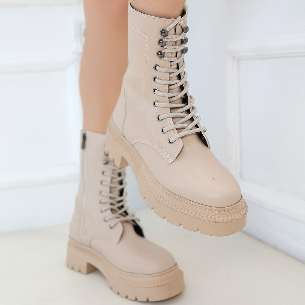 Women's Nude Leather Laced Boots - STREETMODE™