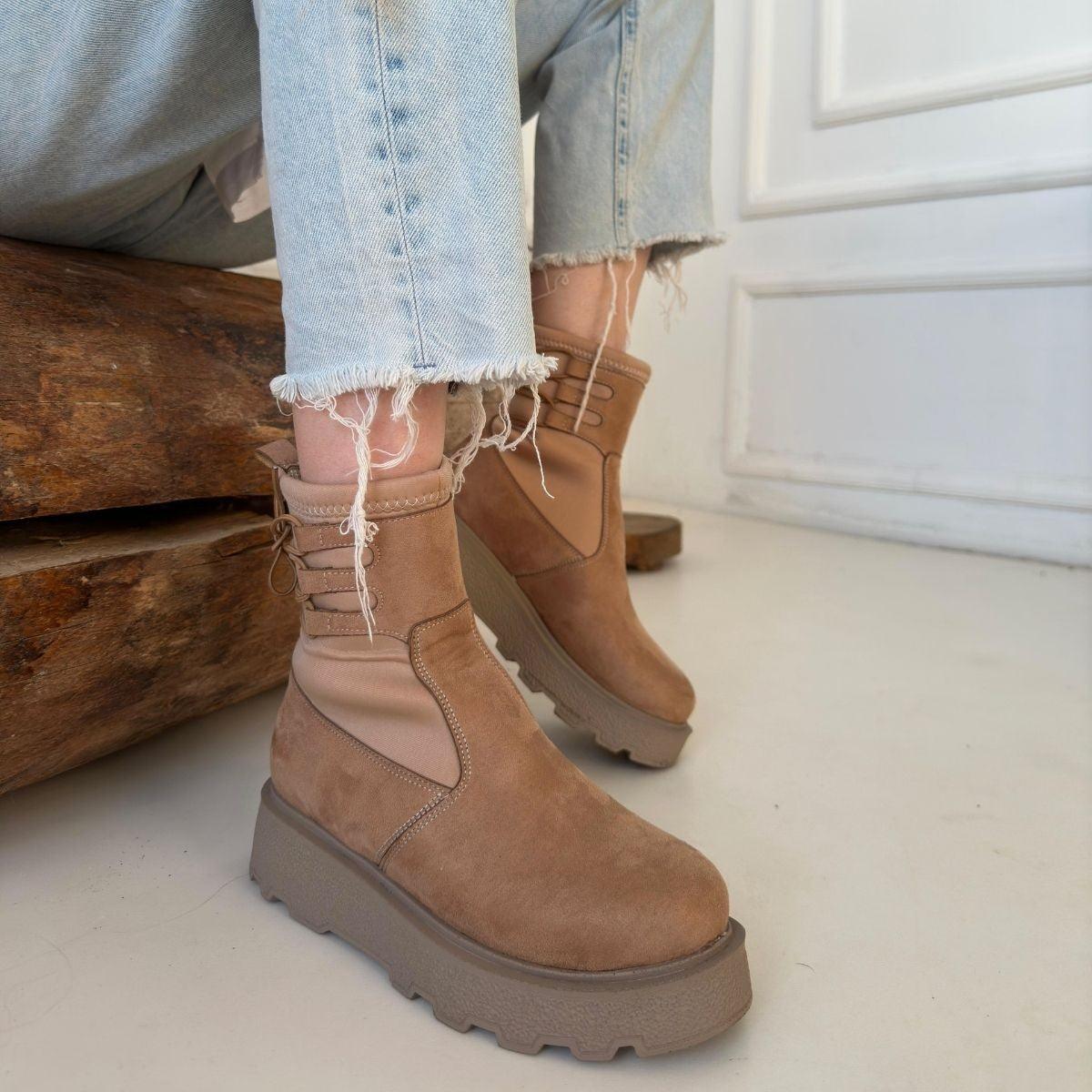 Women's Nude Suede Lace-Up Ankle Boots - STREETMODE™