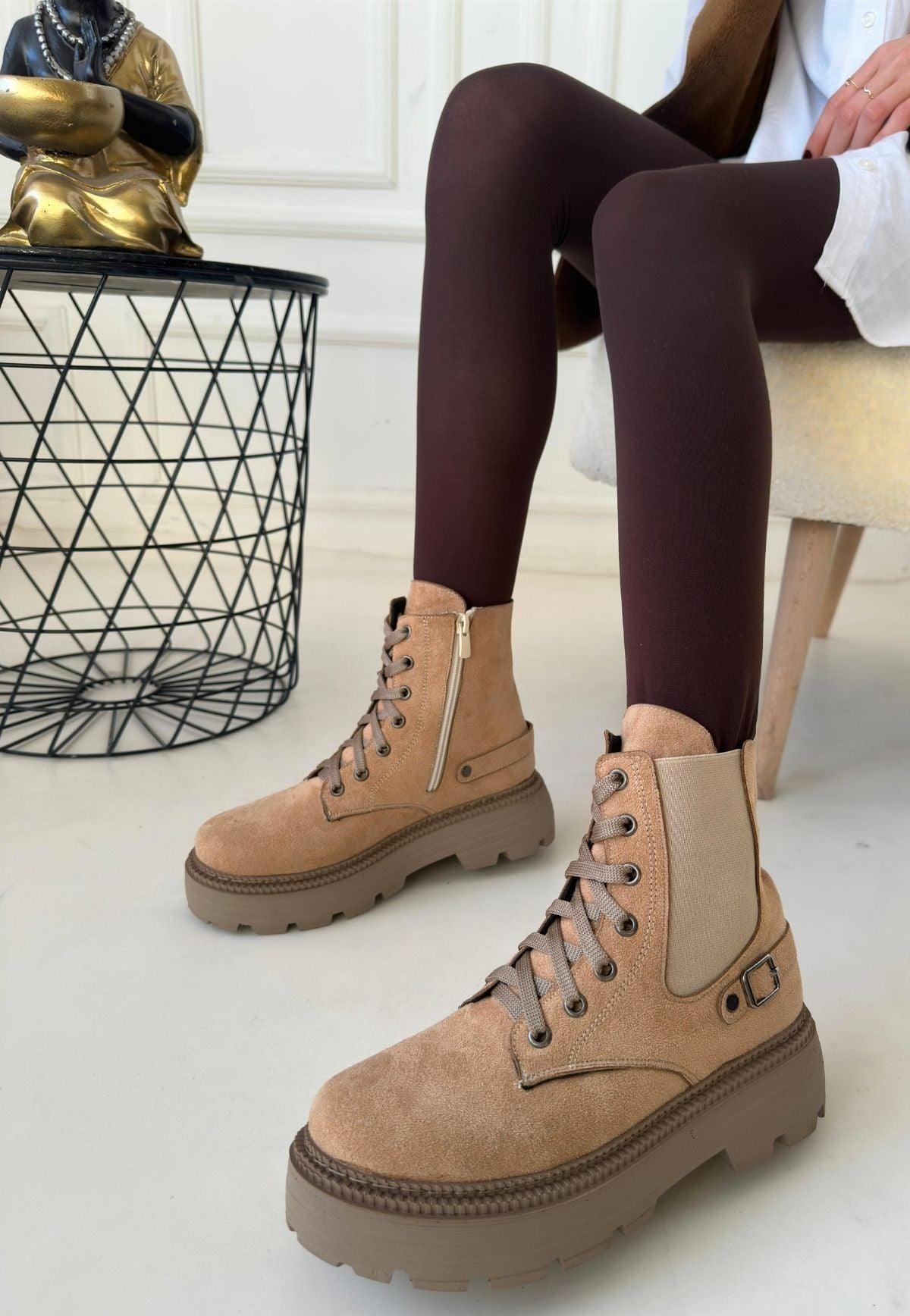 Women's Nude Suede Lace-Up Boots - STREETMODE™