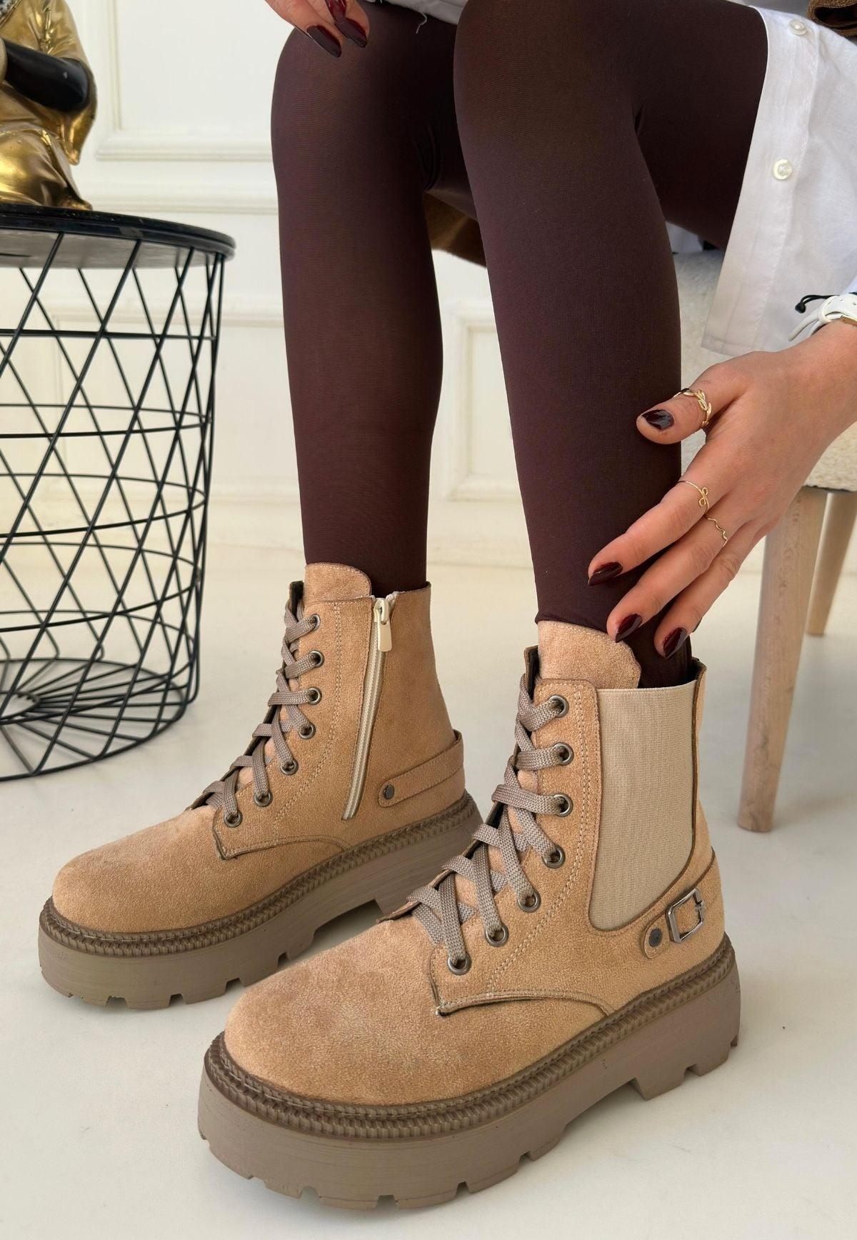 Women's Nude Suede Lace-Up Boots - STREETMODE™