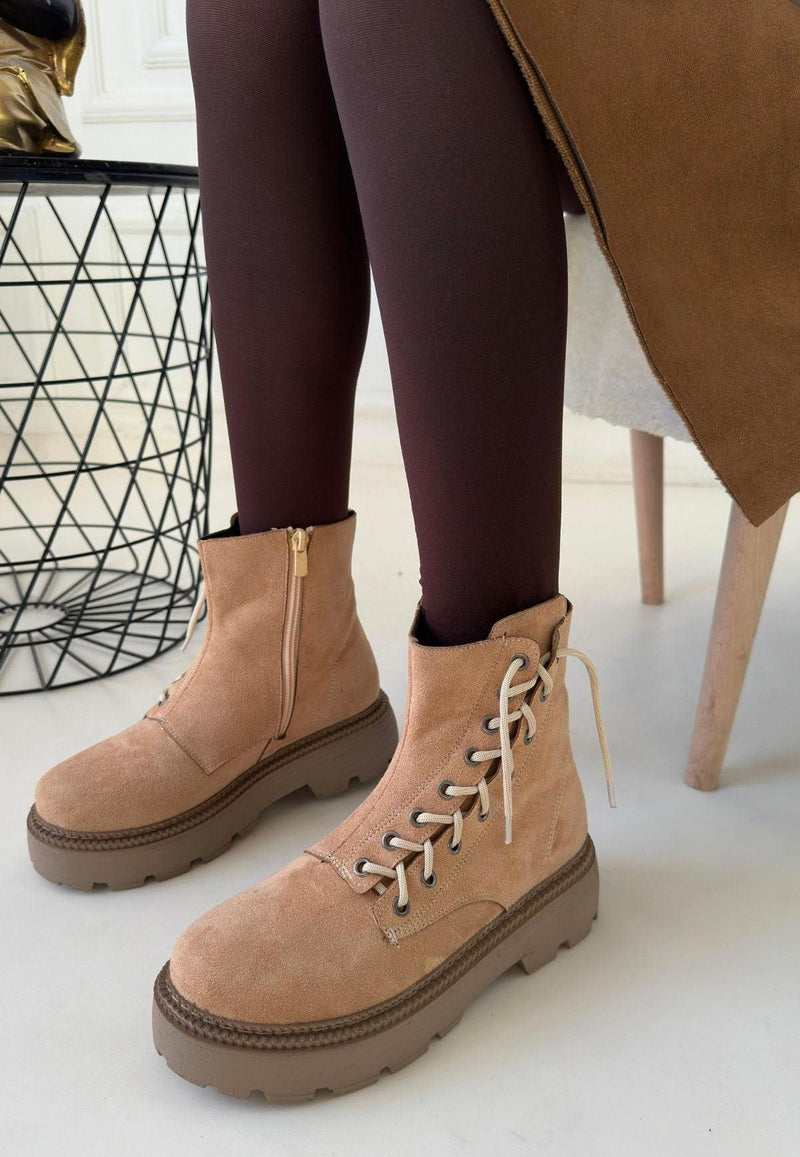 Women's Nude Suede Lace-Up Boots - STREETMODE™