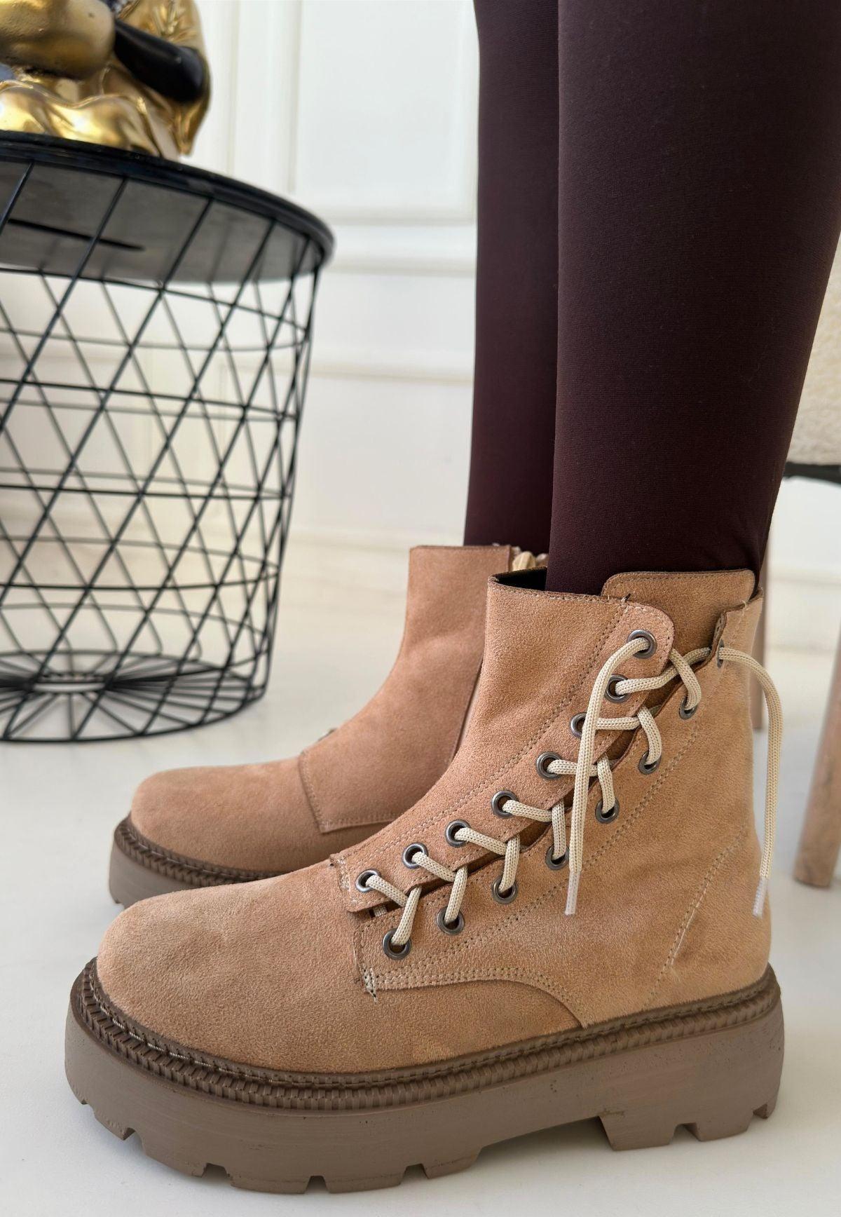 Women's Nude Suede Lace-Up Boots - STREETMODE™