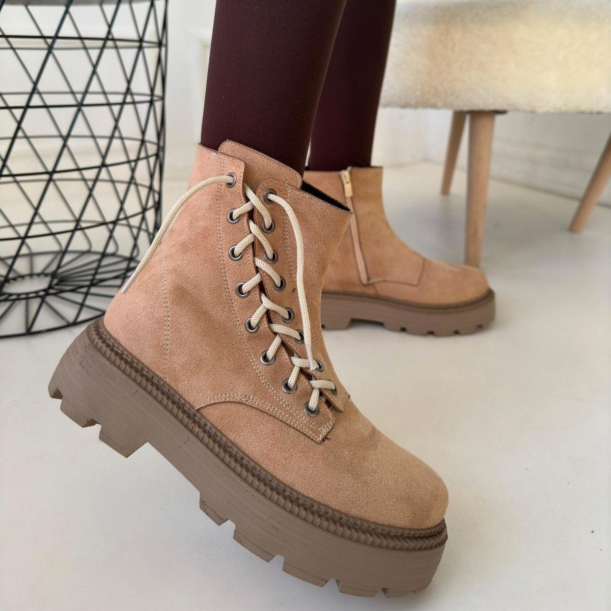 Women's Nude Suede Lace-Up Boots - STREETMODE™