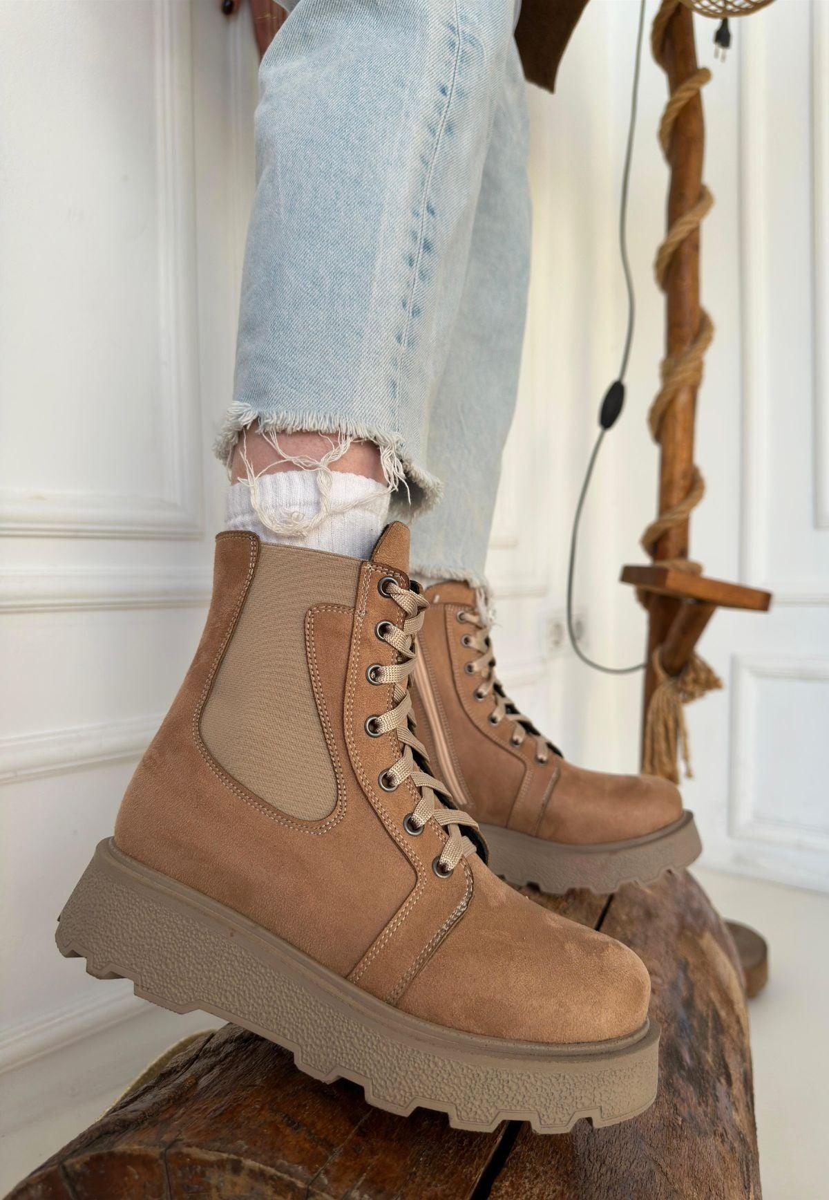 Women's Nude Suede Lace-Up Boots - STREETMODE™