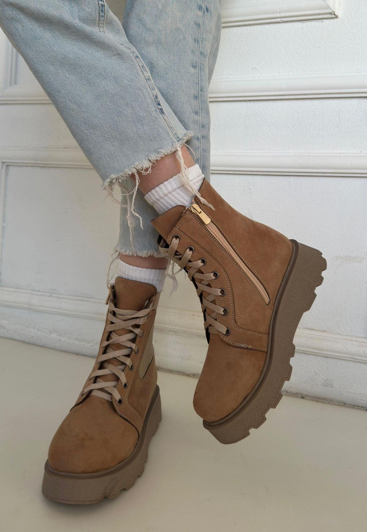 Women's Nude Suede Lace-Up Boots - STREETMODE™