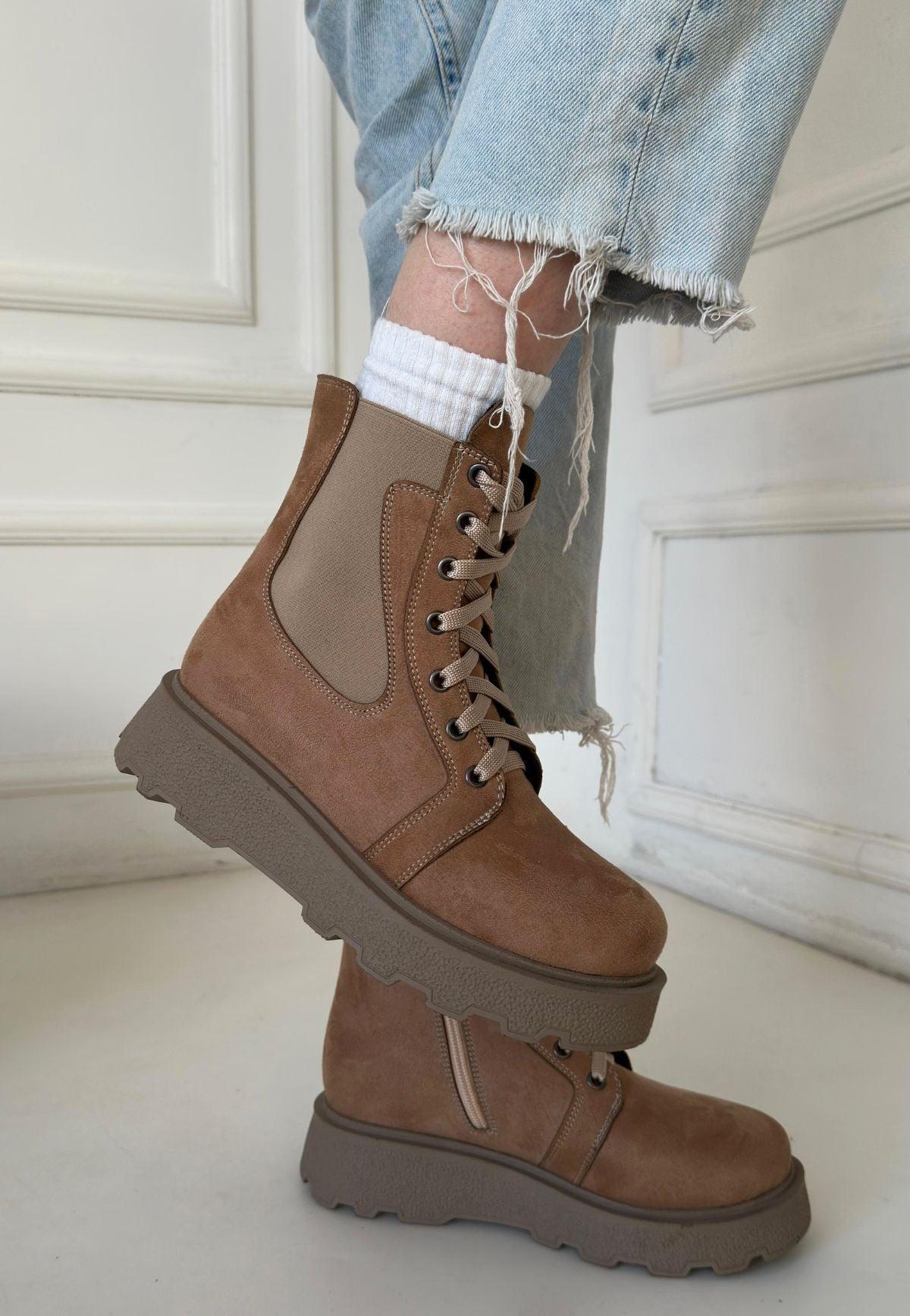 Women's Nude Suede Lace-Up Boots - STREETMODE™