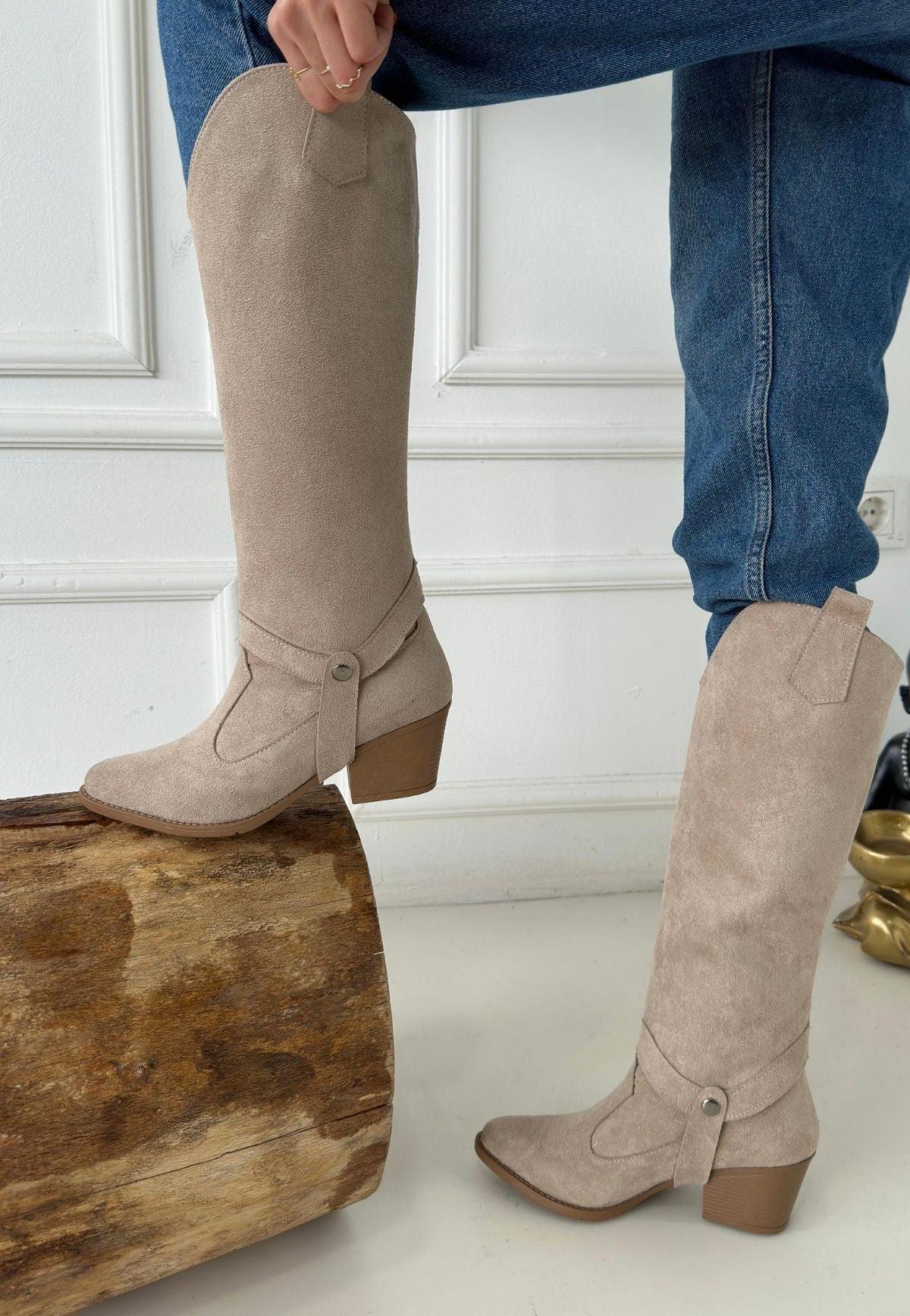 Women's Nude Suede Slip-On High Heel Boots And Boots - STREETMODE™