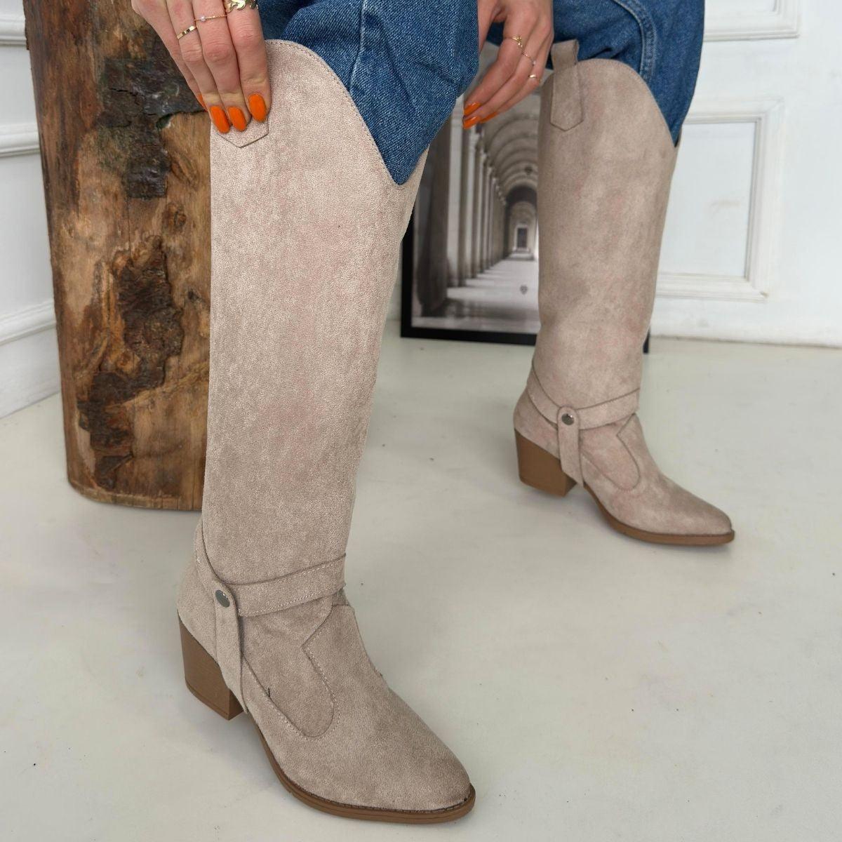 Women's Nude Suede Slip-On High Heel Boots And Boots - STREETMODE™