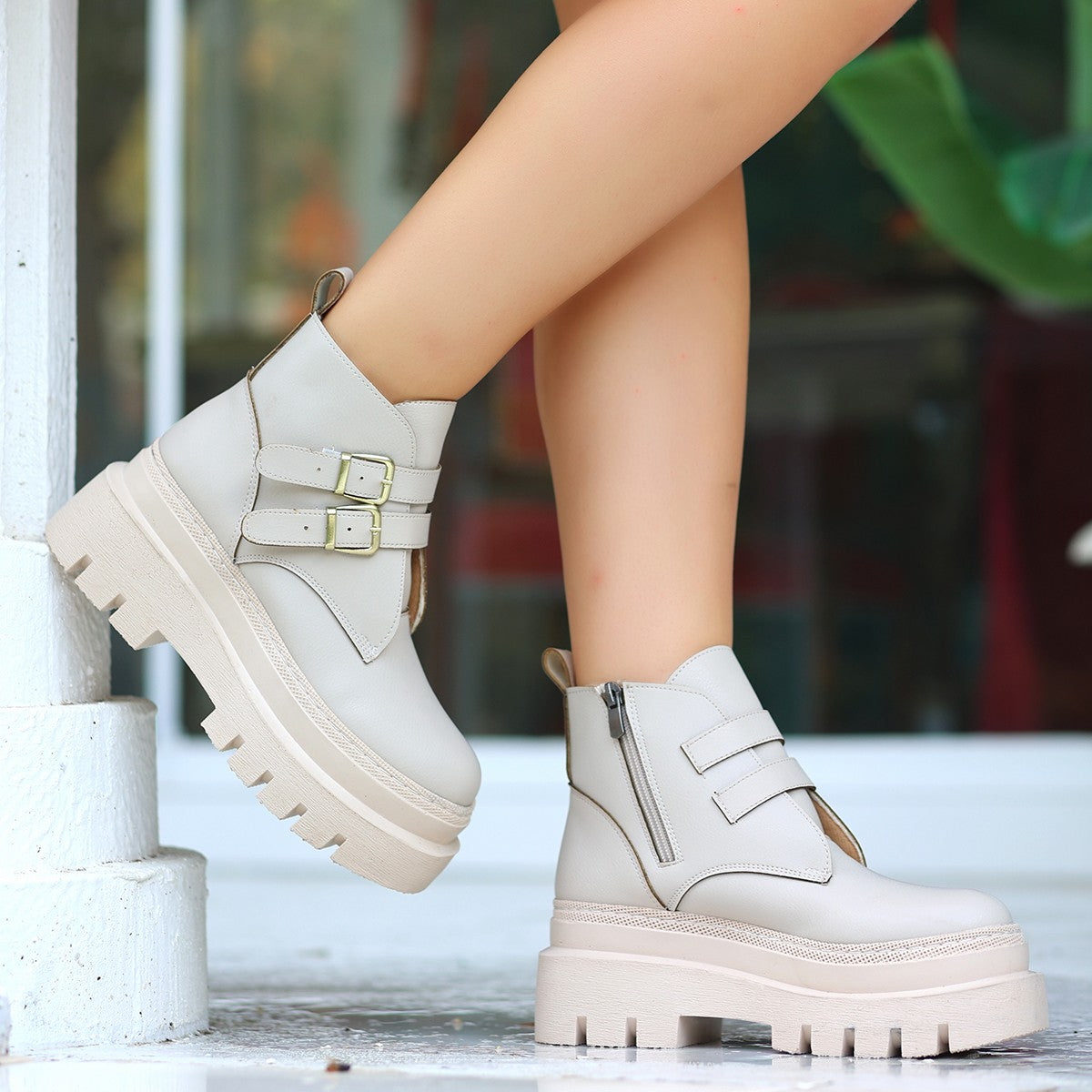 Women's Olga Beige Leather Belted Boots - STREETMODE™