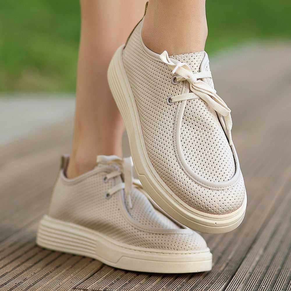 Women's Olse Beige Leather Laced Sports Shoes - STREETMODE™