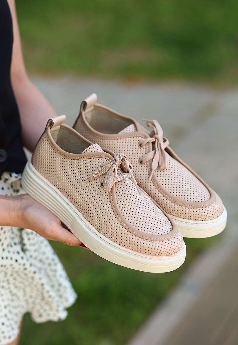 Women's Olse Nude Leather Laced Sports Shoes - STREETMODE™