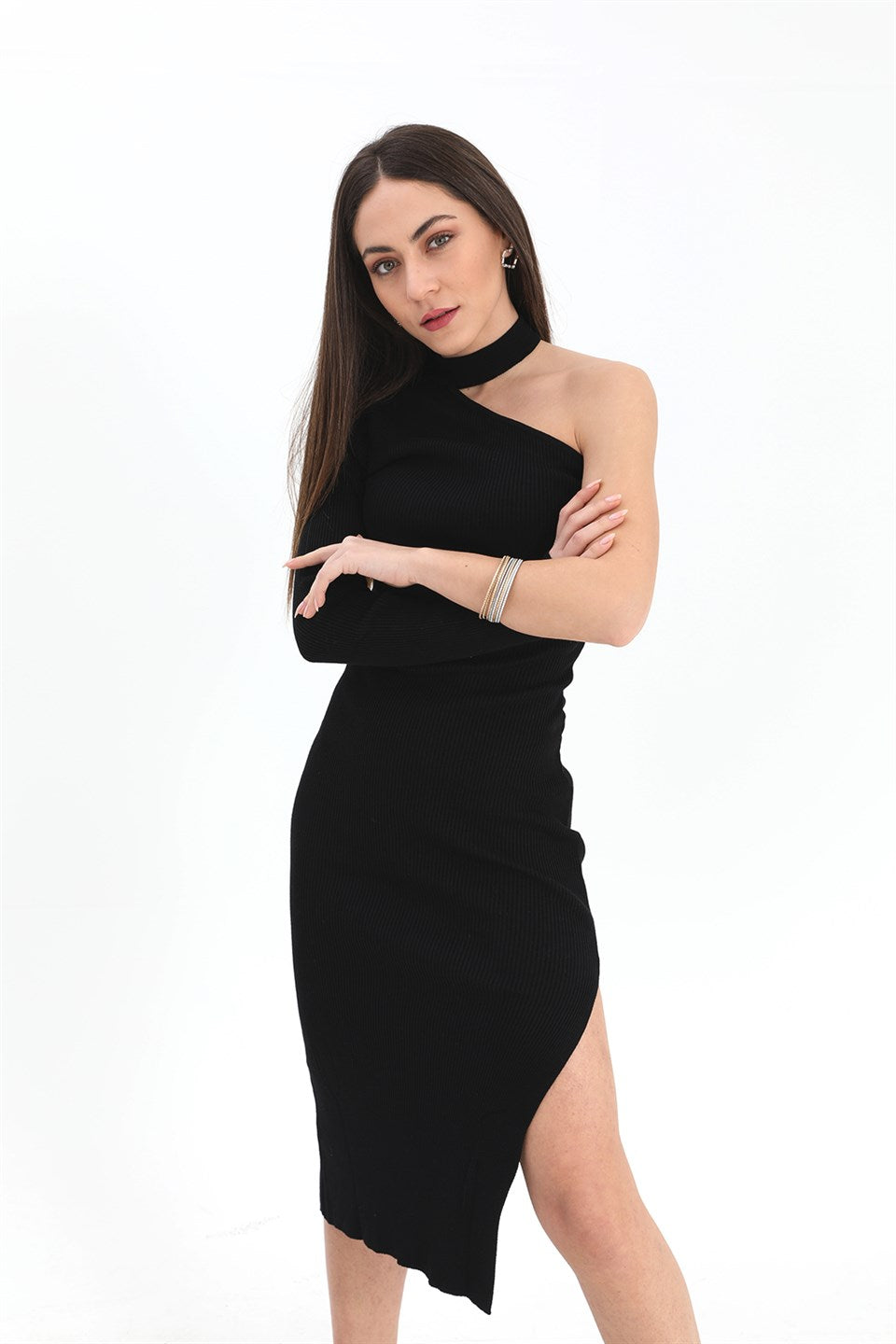 Women's One-Shoulder Sweater Dress - Black - STREETMODE™