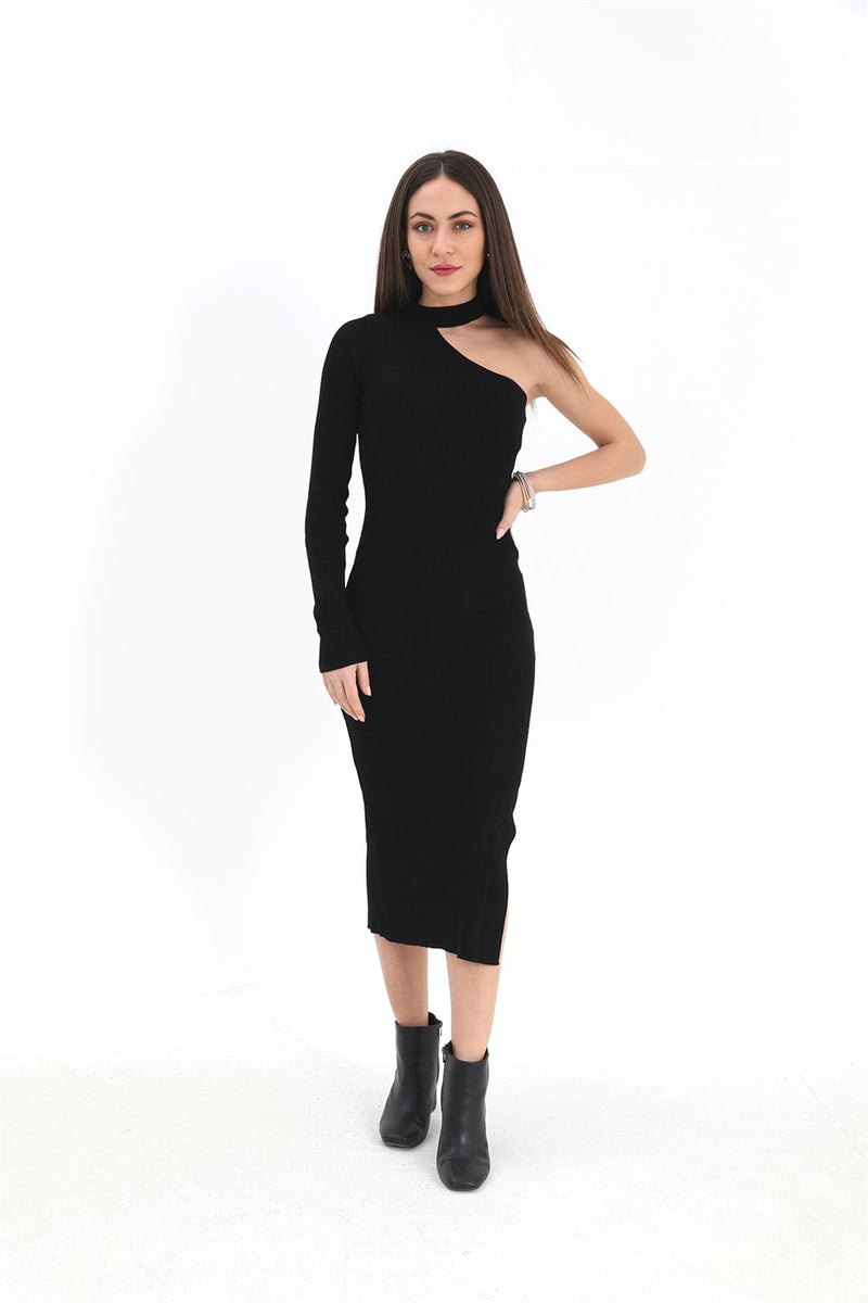 Women's One-Shoulder Sweater Dress - Black - STREETMODE™