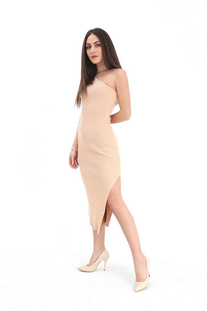 Women's One-Shoulder Sweater Dress - Camel - STREETMODE™